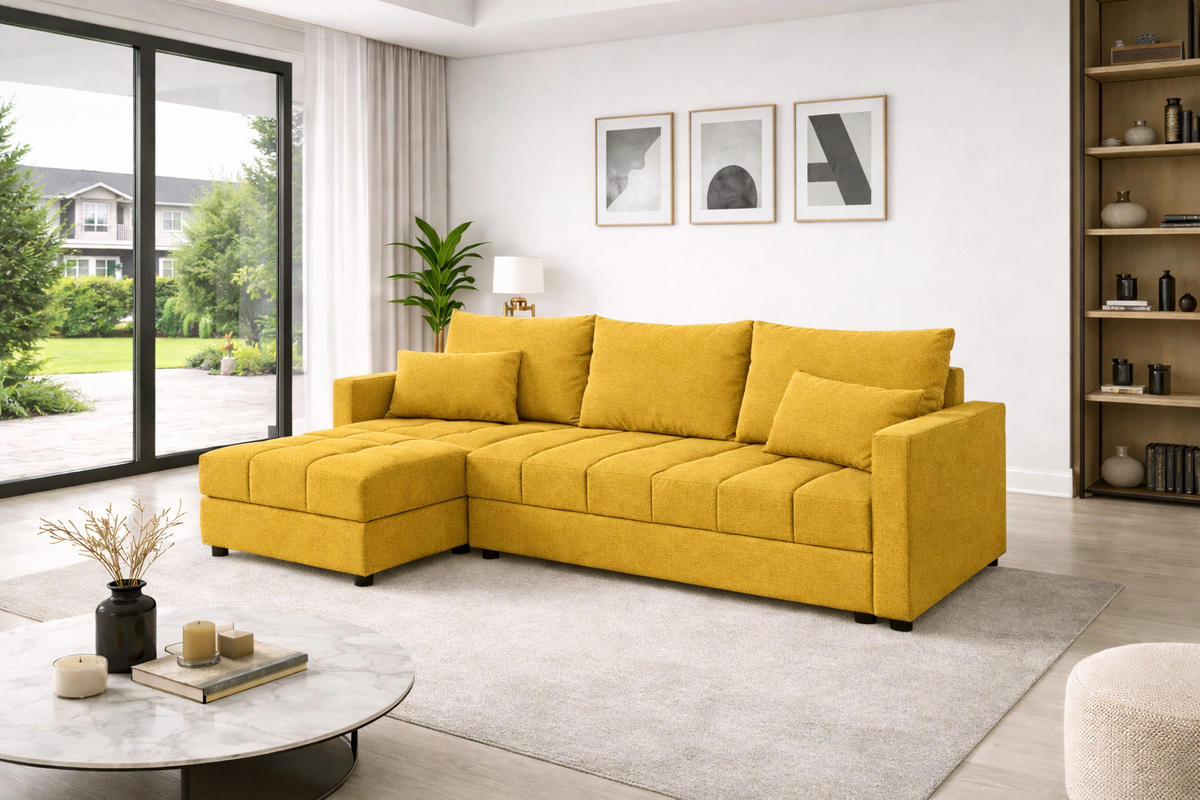 WOHNLANDSCHAFT AURELIA– Ecksofa in L-Form mit Schlaffunktion Bettkasten & Kissen Stoff KRONOS 226 cm Gelb - Gelb, Kunststoff (226/140cm) - Wohnideebilder