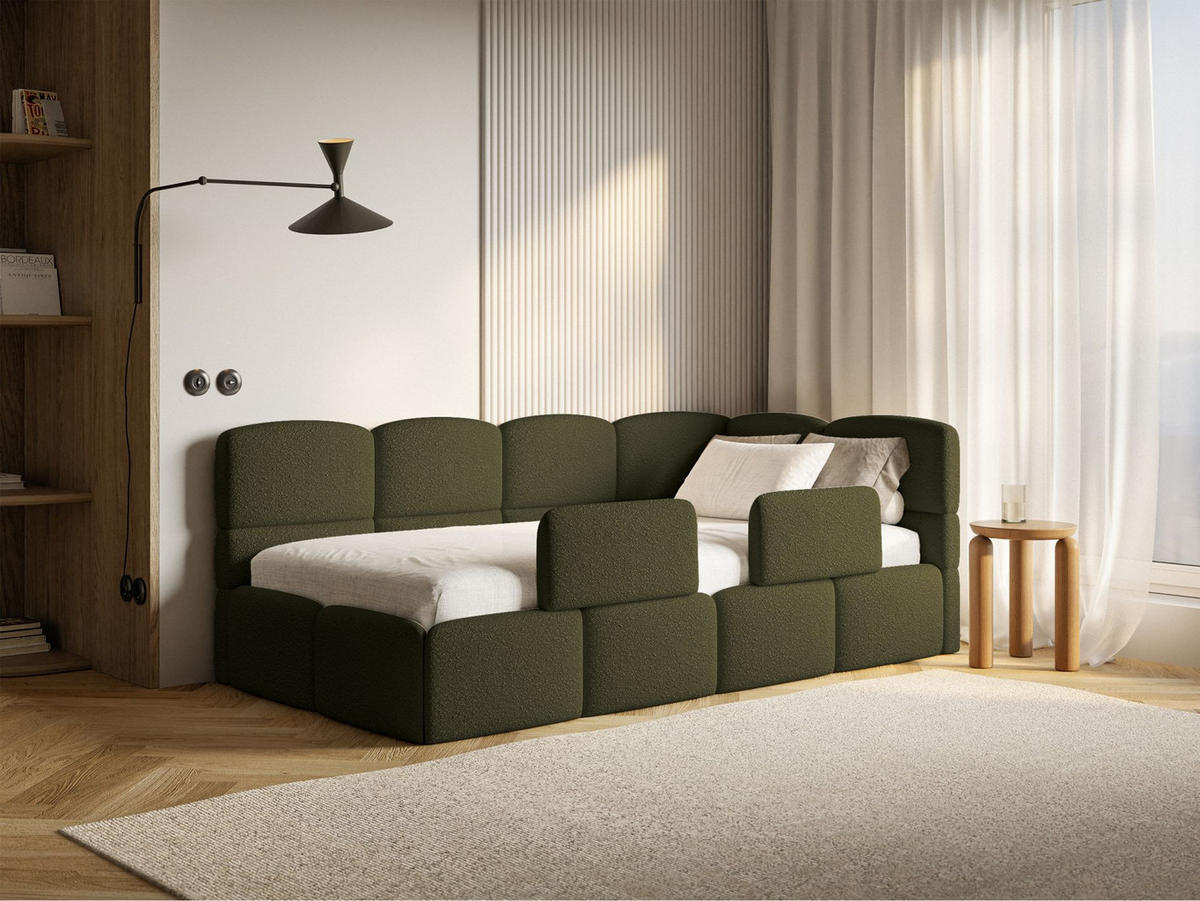 JUGENDBETT Cloudy rechts mit Matratze und Rausfallschutz Bouclé Olivgrün - Olivgrün, Kunststoff/Textil (90/200cm) - Selsey