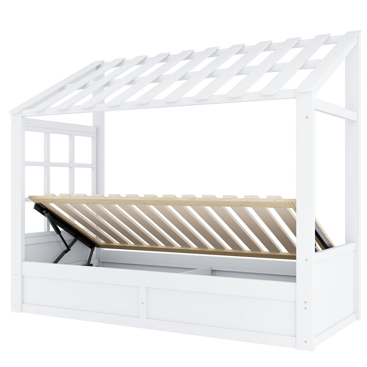 HAUSBETT 90/200 cm mit Dach und hydraulischem Stauraum, DE-41620, in Weiß - Weiß, Holzwerkstoff (90/200cm) - ComfortXL