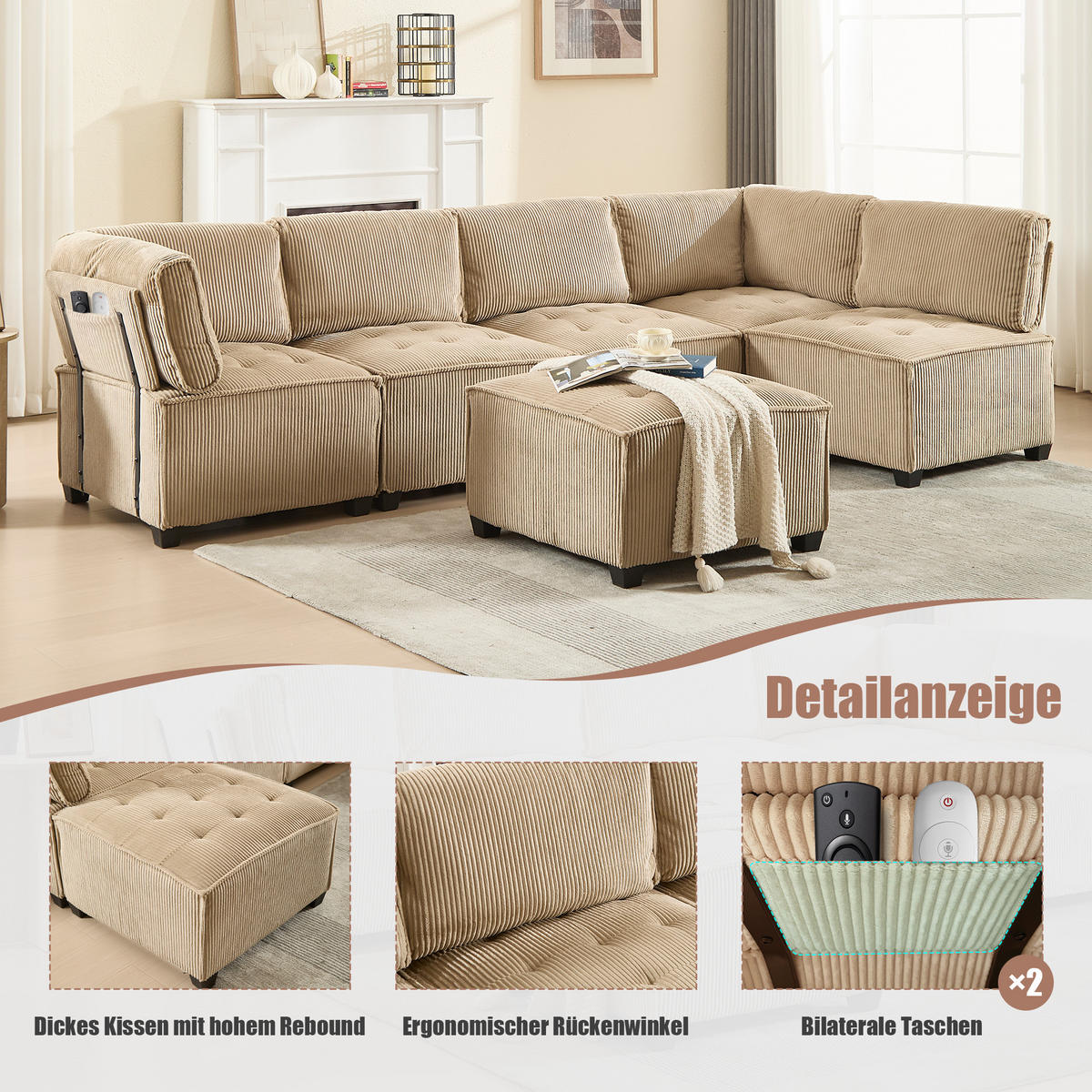 MODULARES 6-Sitzer Sofa Cord mit Seitentaschen und Schlaffunktion 308/154/82 cm Sandfarben - Sandfarben, Kunststoff/Textil (154/82/308cm) - Redom