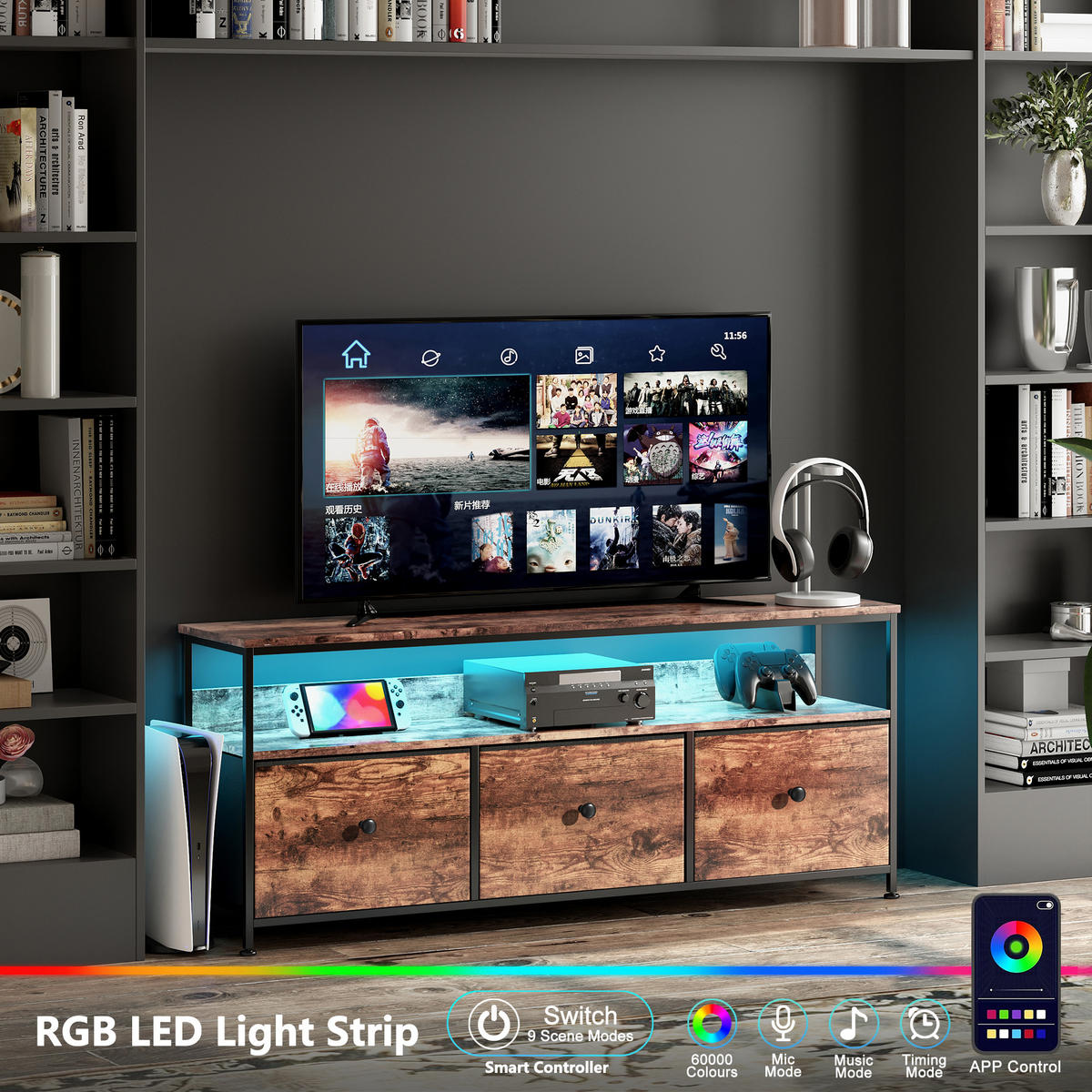 LED TV-TISCH 108cm 3 Vintage Schubladen Metallgestell - Multicolor, Holzwerkstoff (29.8/57/108cm) - SHOPENTRA