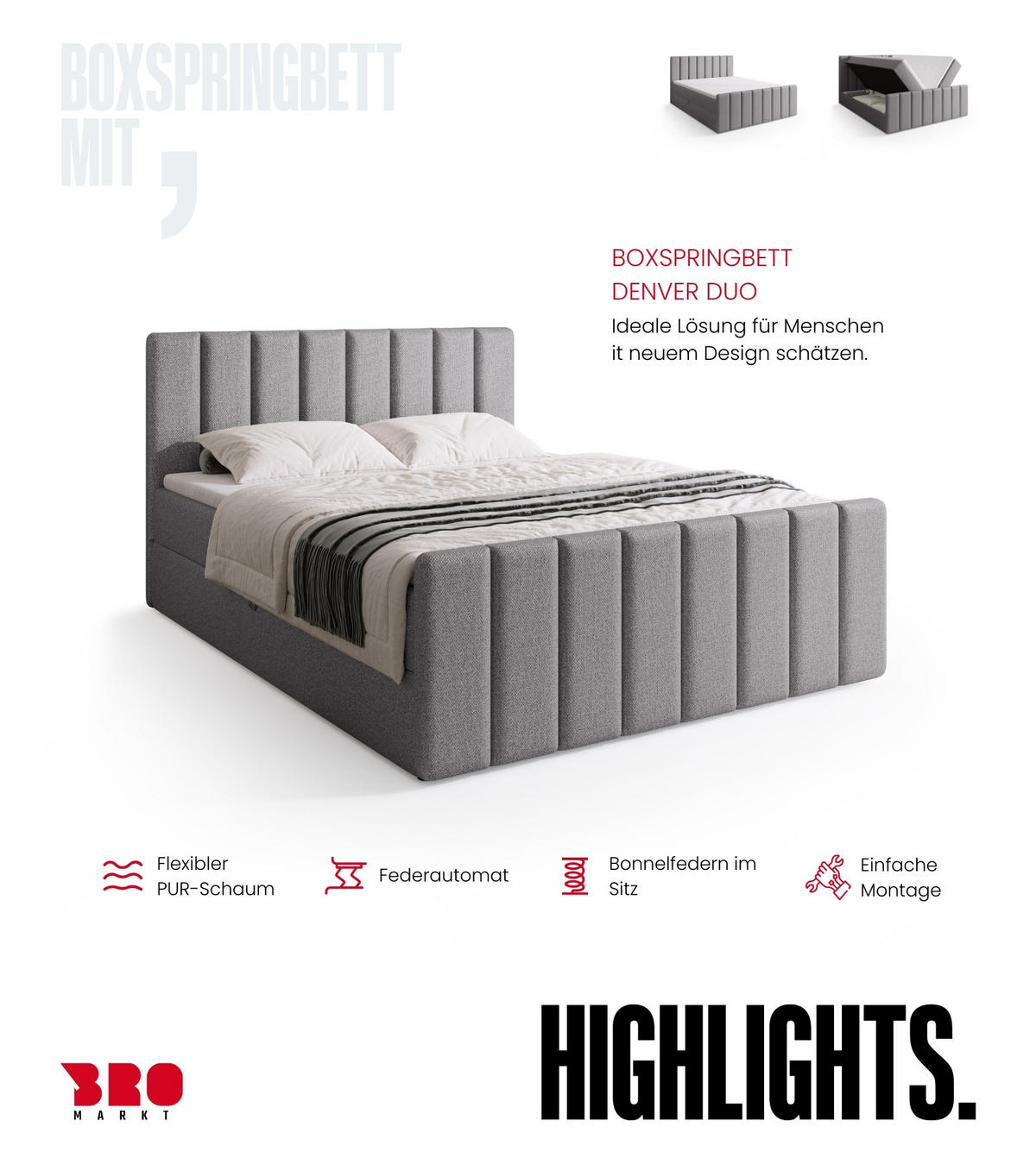 BOXSPRINGBETT Denver DUO mit Topper 140x200 Hellgrau - Hellgrau, Textil (140/200cm) - Bromarkt