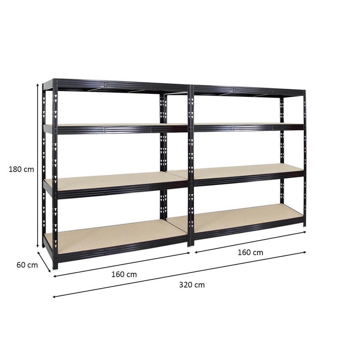 SCHWERLASTREGAL Rhino 2er-Set mit 2x 180x160x60 cm 4 Spanplatten-Ebenen 8mm Fachlast 500 kg Schwarz - Schwarz, Metall (320/180/60cm) - PROREGAL