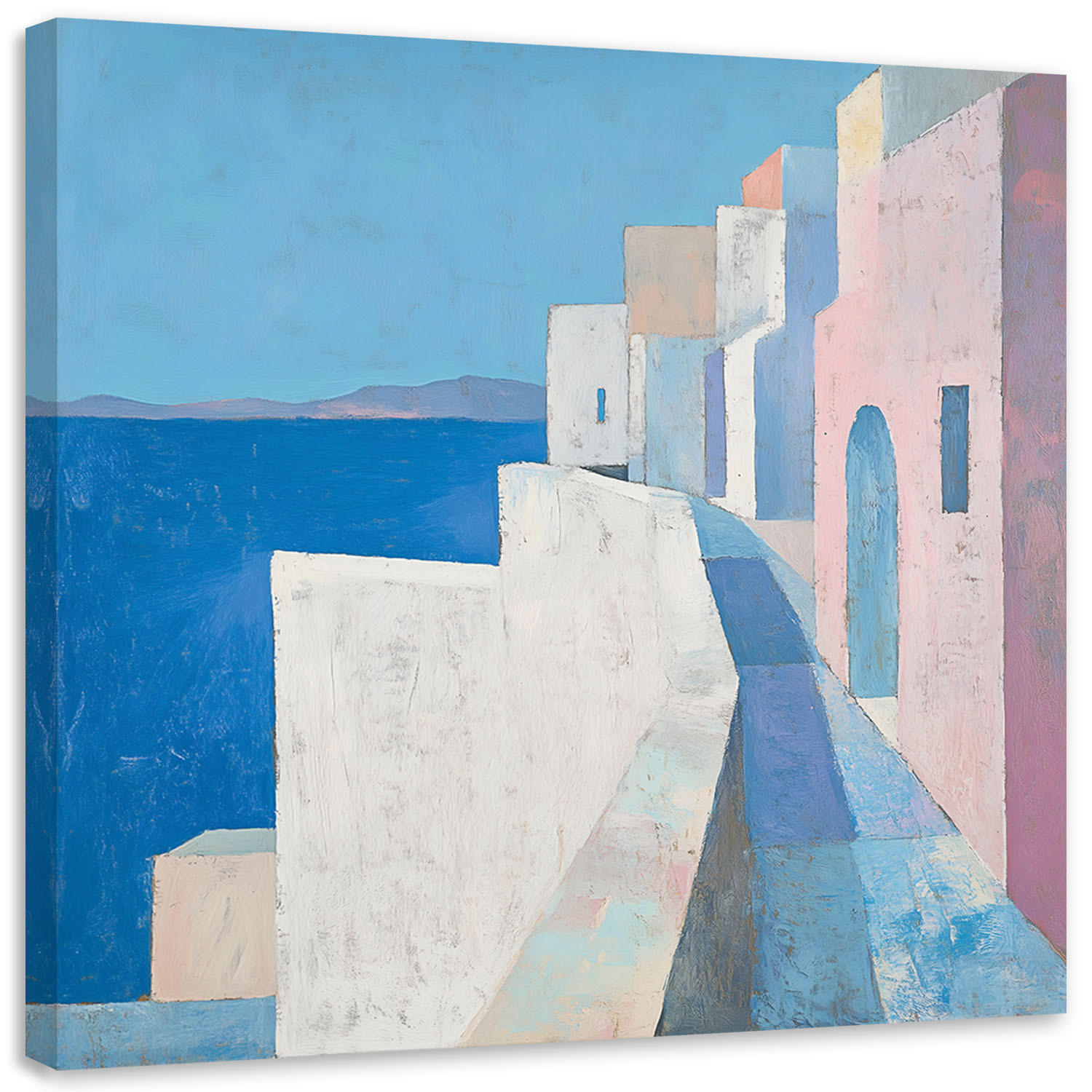 LEINWANDBILD Pastellgebäude Meereslandschaft Blau 60x60cm - Blau, Textil (60/60cm) - Feeby