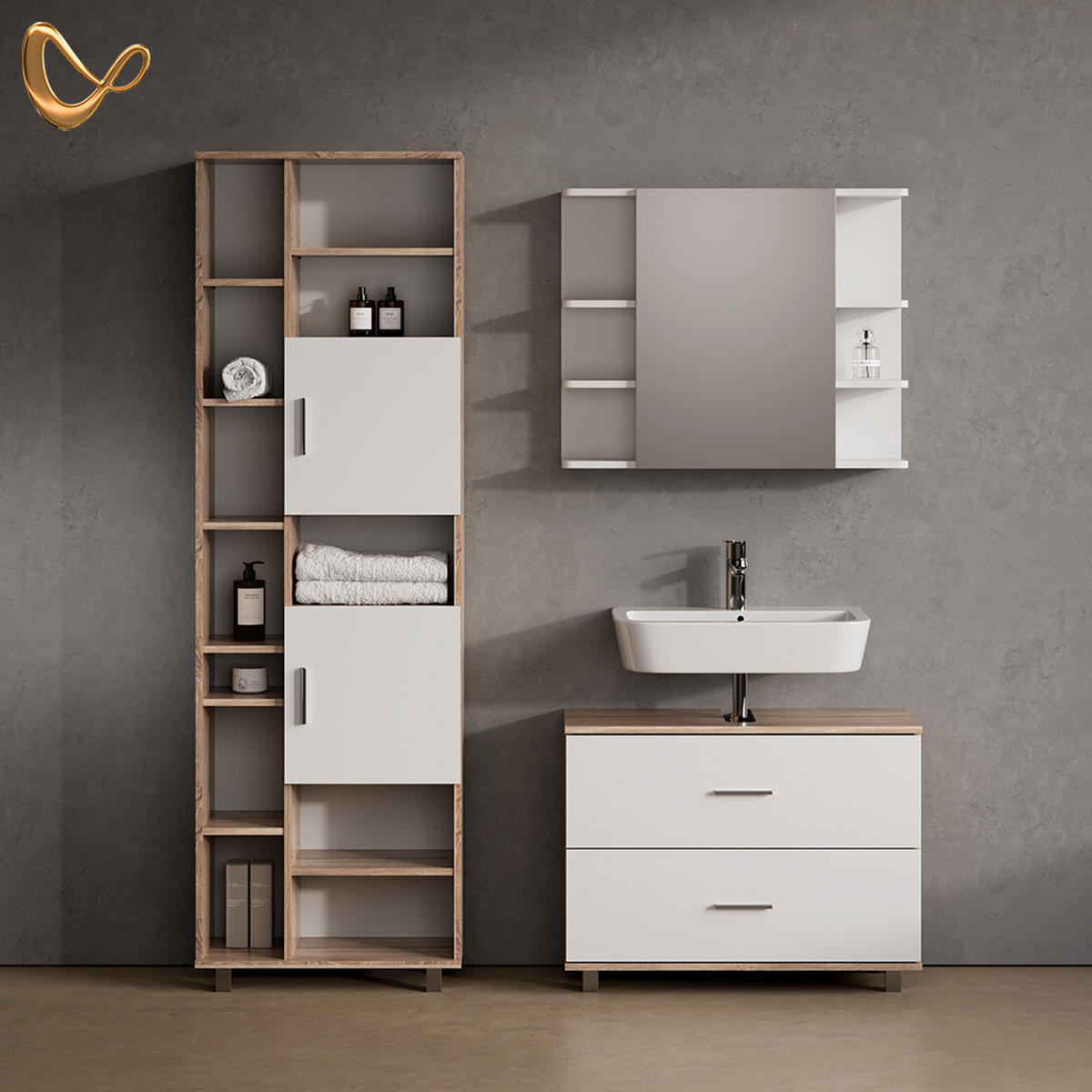 WASCHBECKENUNTERSCHRANK Eisak Weiß/Sonoma 80 x 60.8 cm - Weiß/Sonoma Eiche, Holzwerkstoff (80/60.8/33cm) - Livinity®