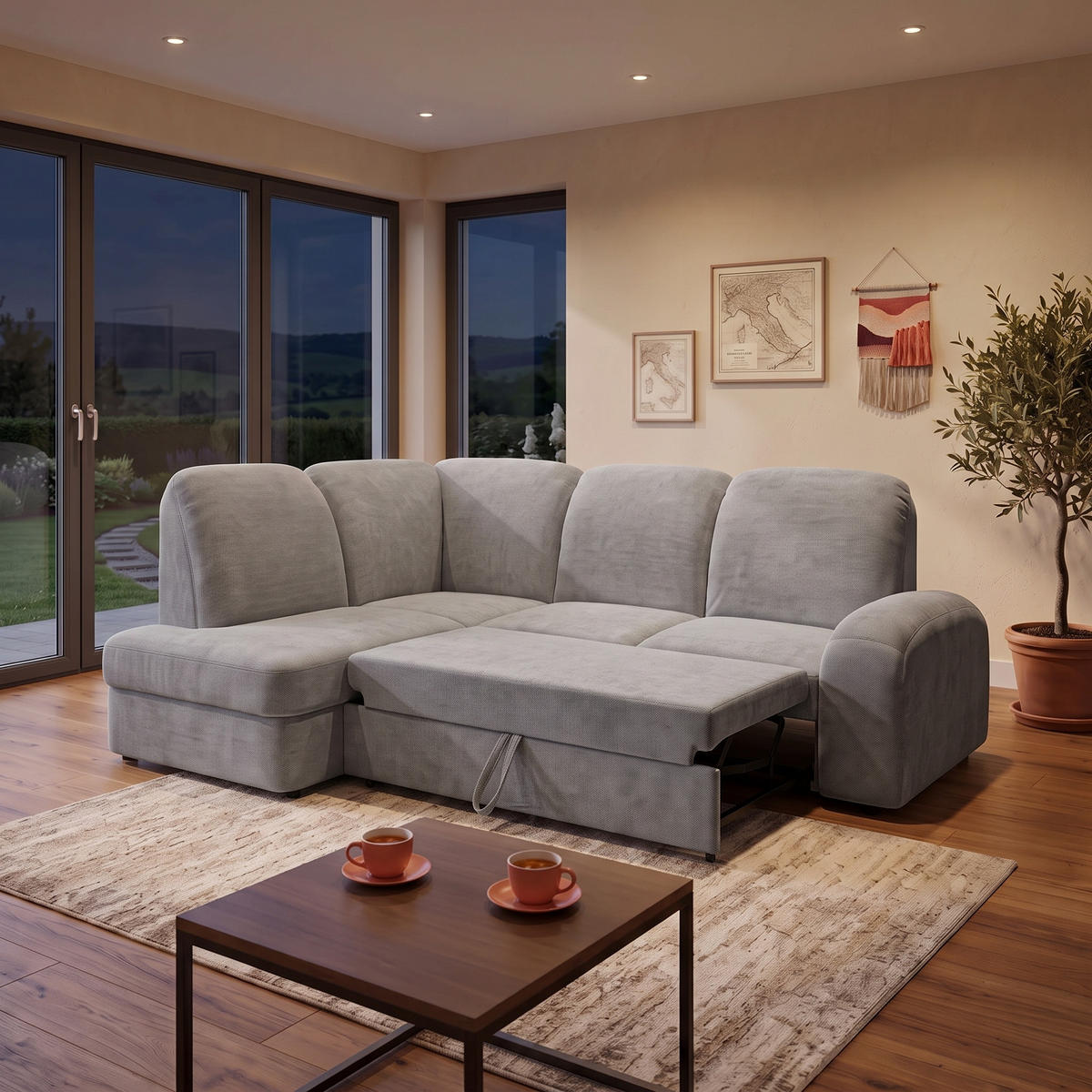ECKSOFA VIBE L Links mit Schlaffunktion 129x205 Chenille Grau - Schwarz/Grau, Holz/Kunststoff (186/250cm) - Muffo