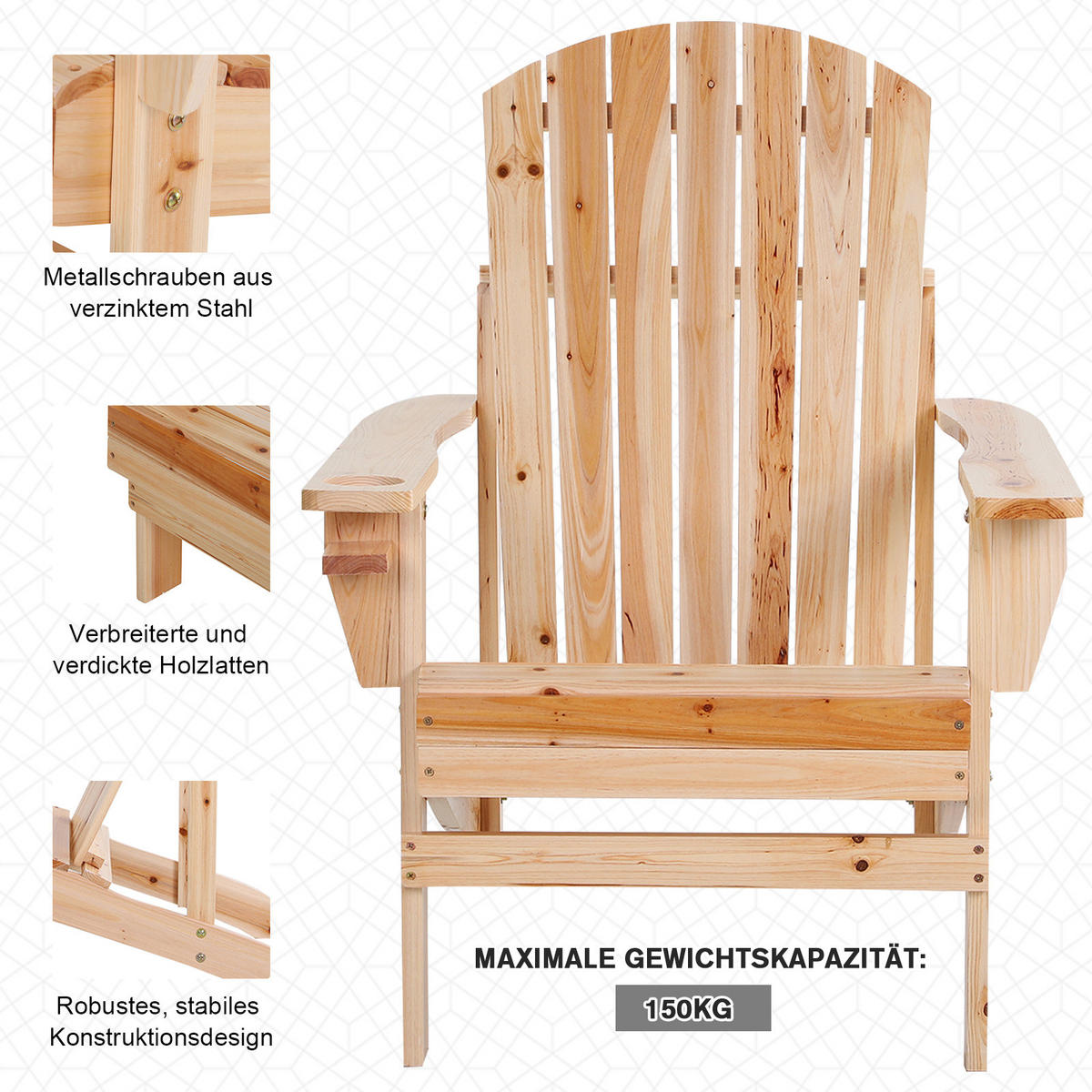 ADIRONDACK-GARTENSTUHL mit Becherhalter Gartenliege Balkonstuhl Massivholz Natur - Fichtefarben, Holz (95/93/72cm) - Outsunny