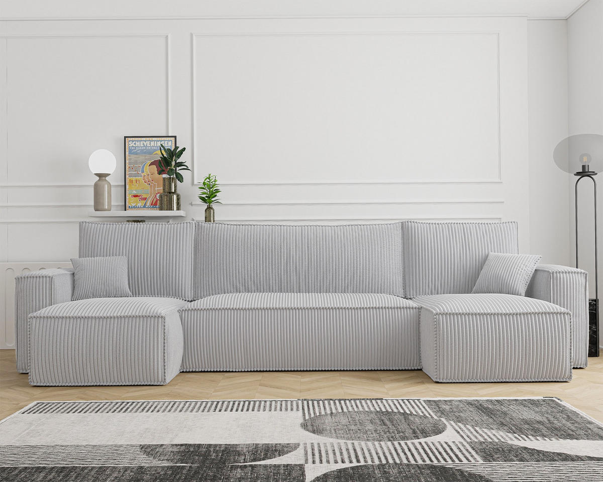 WOHNLANDSCHAFT Scarlo Hellgrau Cordbezug - Hellgrau/Schwarz, Kunststoff/Textil (312/83/145cm) - Selsey