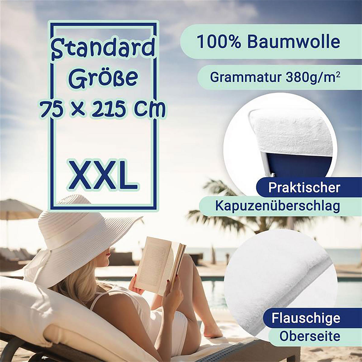STRANDTUCH, 75x215 cm, 100% Baumwolle, Weiß - Weiß, Textil (75/215cm) - Zollner