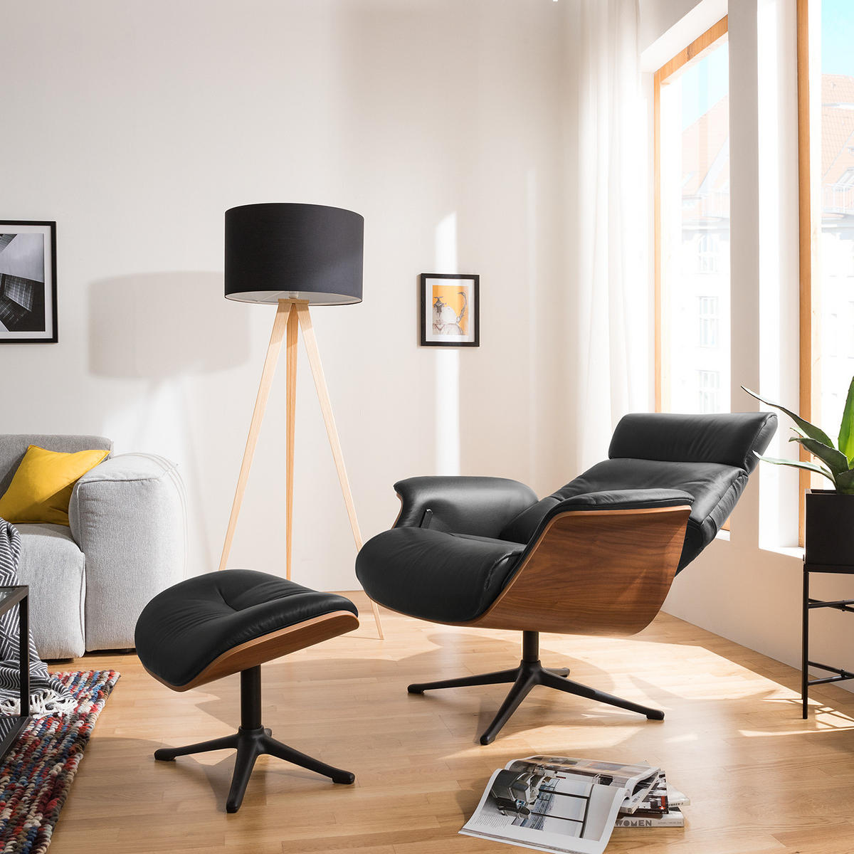 SESSEL - manuell verstellbar - Schwarz, Leder/Holz (83/110/88cm) - home24