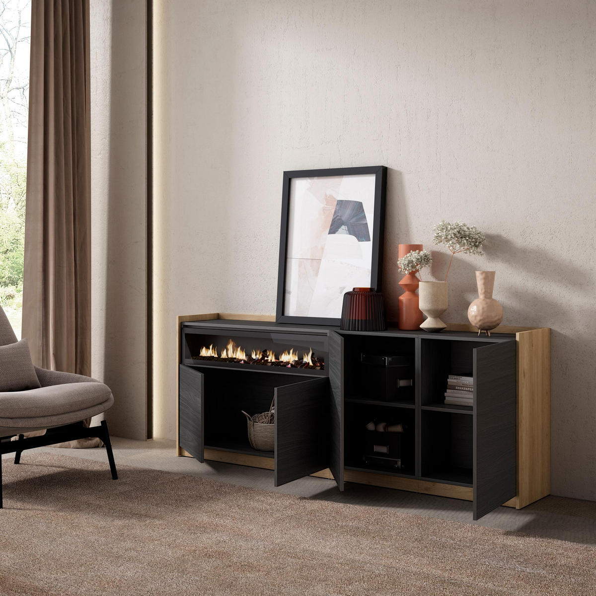 SIDEBOARD, Highboard, Schwarz Eiche, Elektrokamin, 207/37/80cm - Schwarz, Holzwerkstoff (207/80/37cm) - Skraut Home