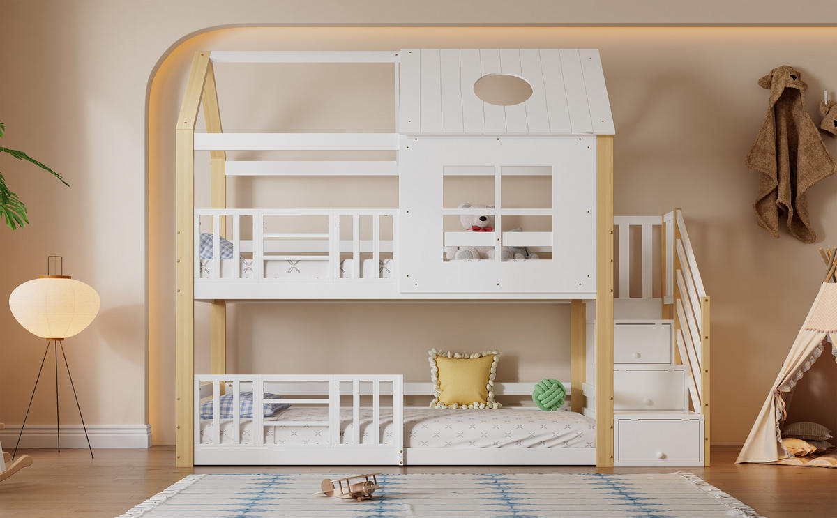 ETAGENBETT 90x200 cm Haus Treppe weiß - Weiß, Holz (90/200cm) - LEBENLANG