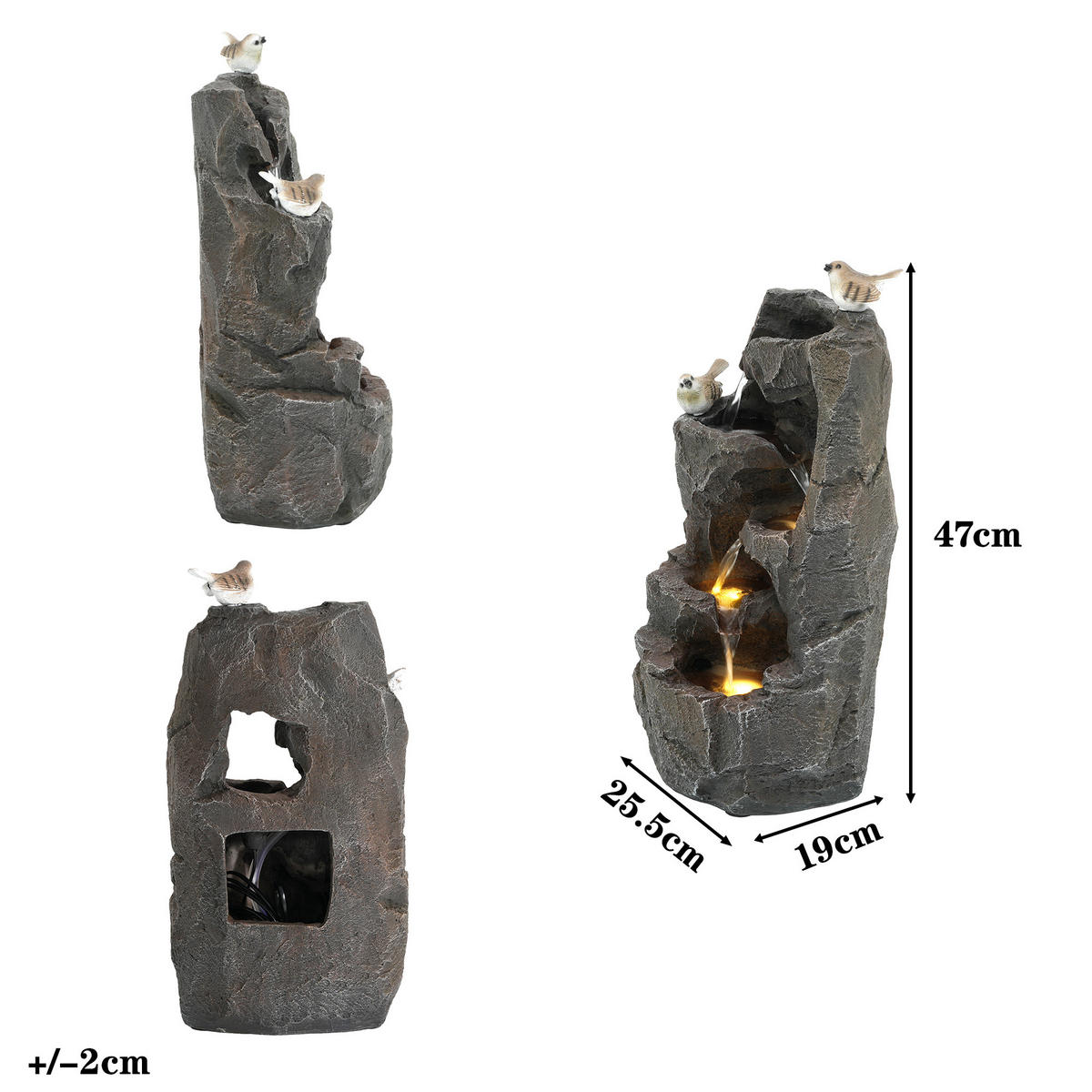 GARTENBRUNNEN LED Steingrau 47cm Zen Außen Terrasse Balkon - Grau, Naturmaterialien (25.5/19/47cm) - FLIEKS