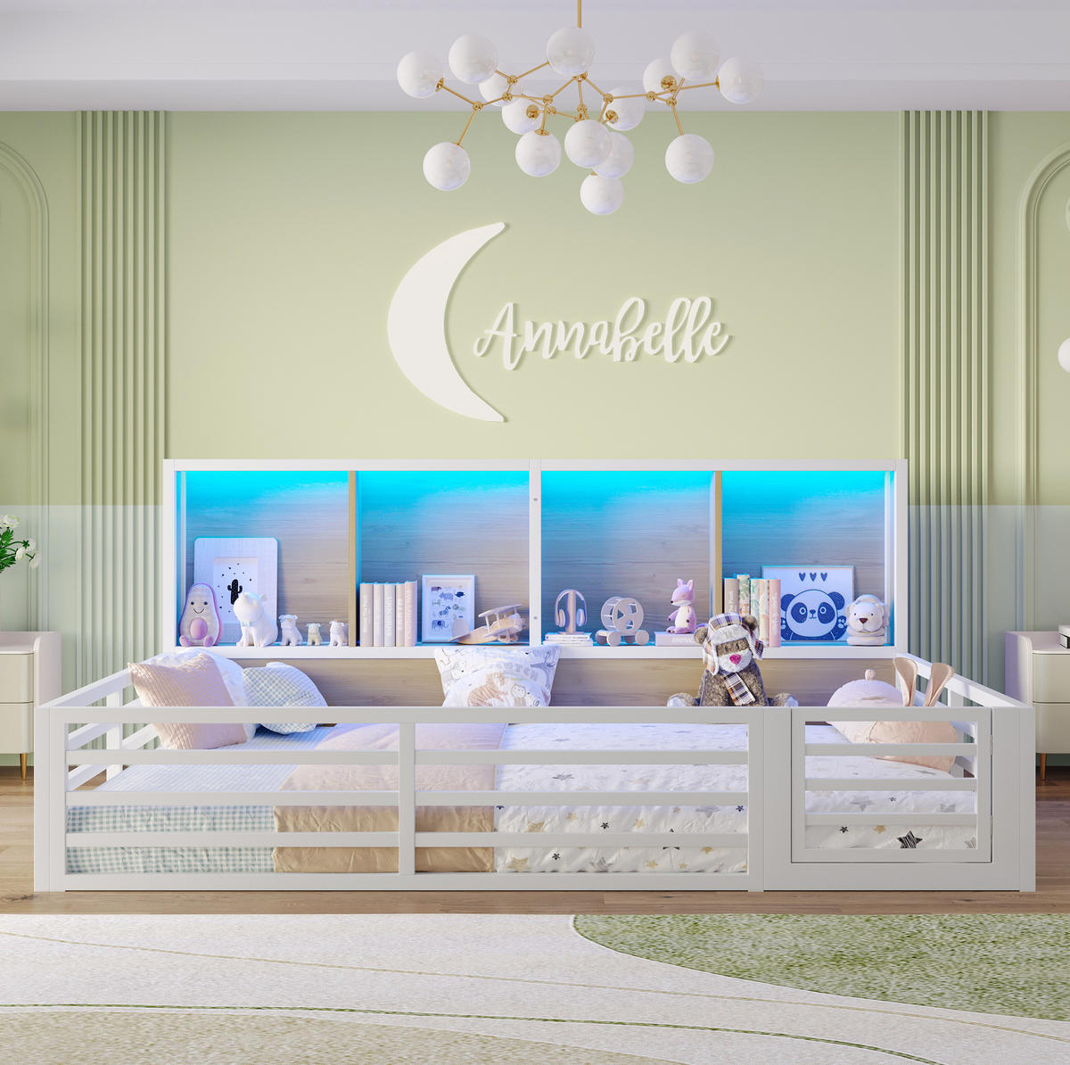 KINDERBETT aus Metall und MDF 140x200 cm Weiß mit Ablagefächern, LED-Beleuchtung und Lattenrost - Weiß, Metall (140/200cm) - IVMEU