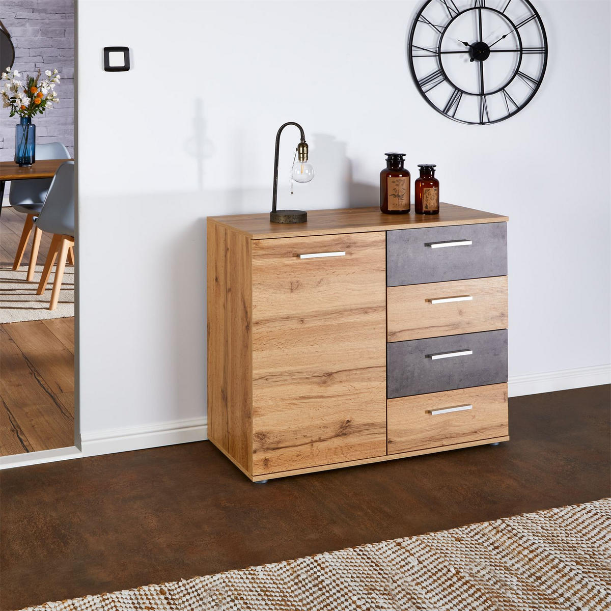 KOMMODE CHICAGO - Dunkelgrau/Eiche Wotan, Holzwerkstoff (91/82/40cm) - CARO-Möbel