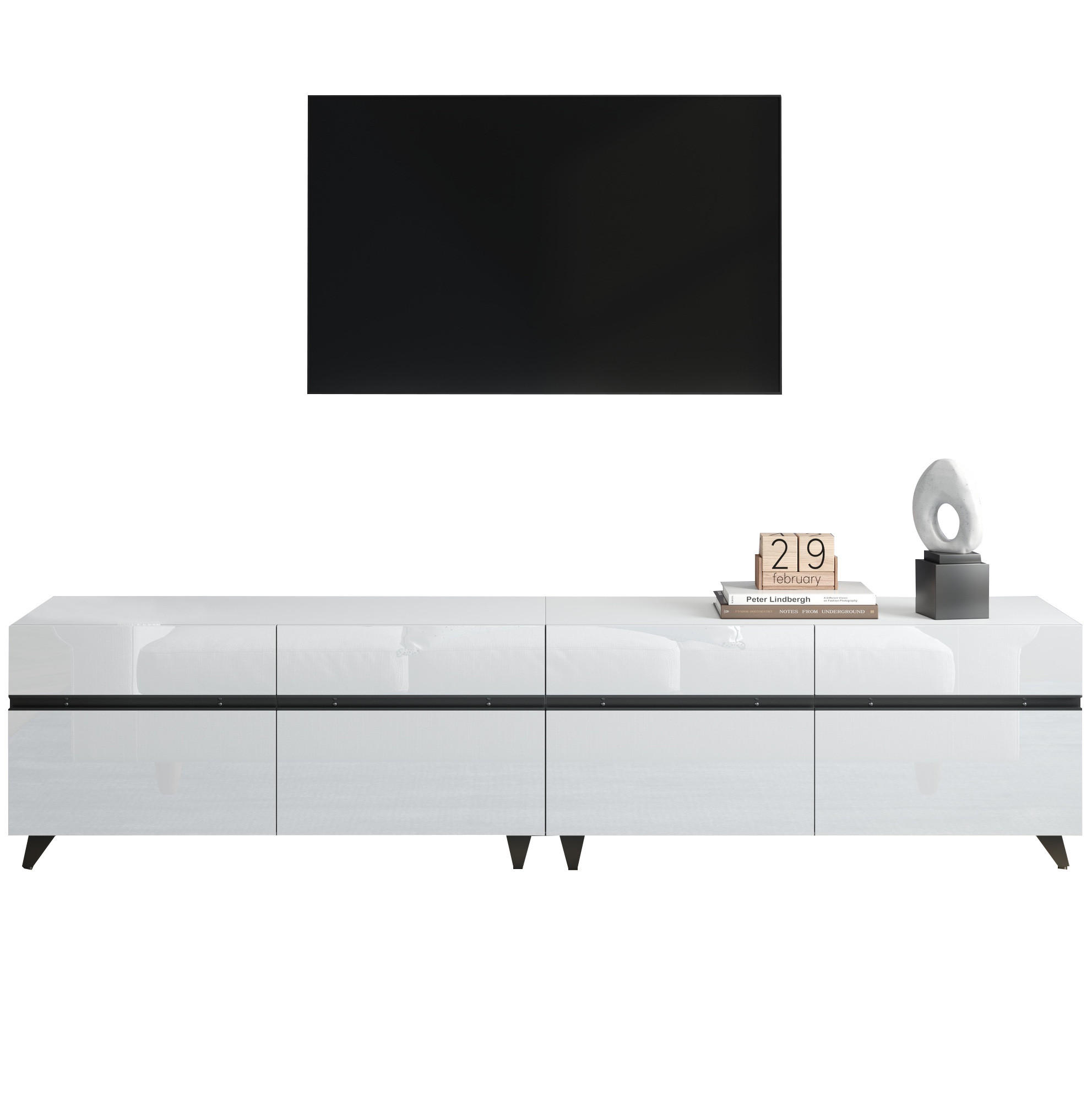 LOWBOARD 180/40/49 cm aus MDF mit Hochglanzfront und verstellbaren Einlegeböden Weiß mit schwarzen Linien - Weiß, Holzwerkstoff (180/49/40cm) - Modenvie