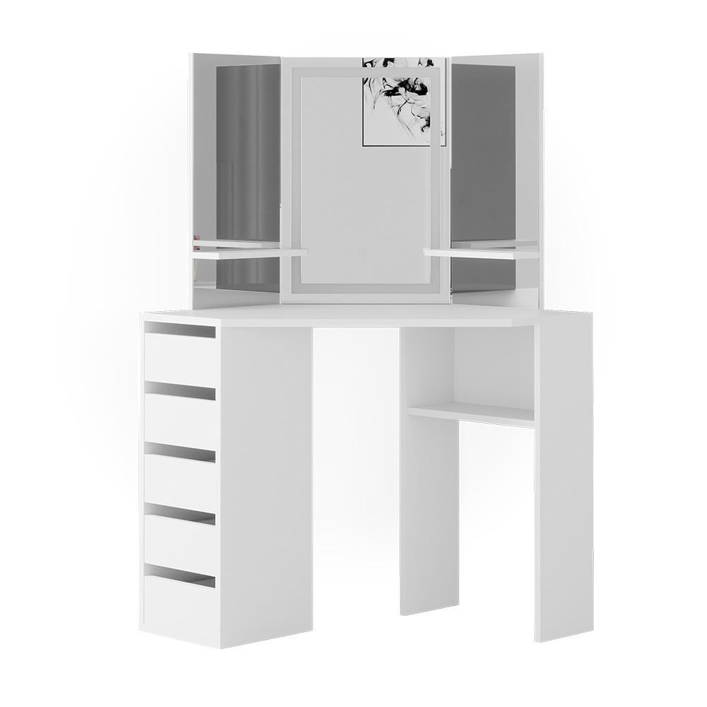 ECKSCHMINKTISCH Arielle Weiß 110 cm mit LED-Spiegel - Weiß, Holzwerkstoff (110/141.5/54cm) - Vicco