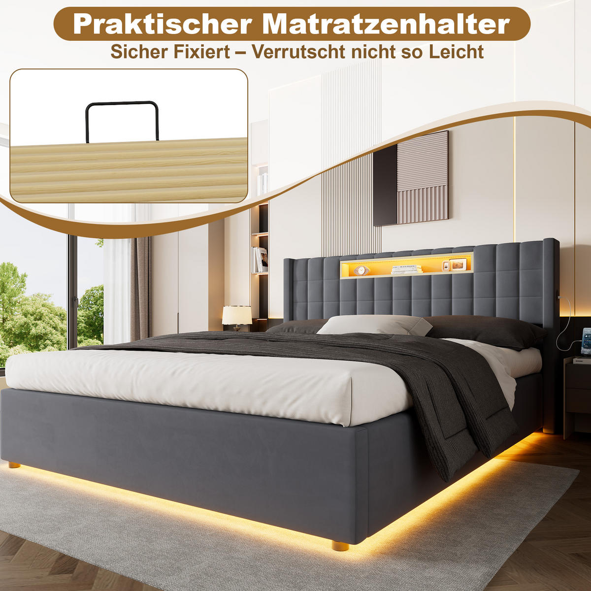 POLSTERBETT Dunkelgrau 214/171/98 cm aus Samt, hydraulischer Stauraum, LED und Ladeanschlüsse - Dunkelgrau, Textil (160/200cm) - Modenvie