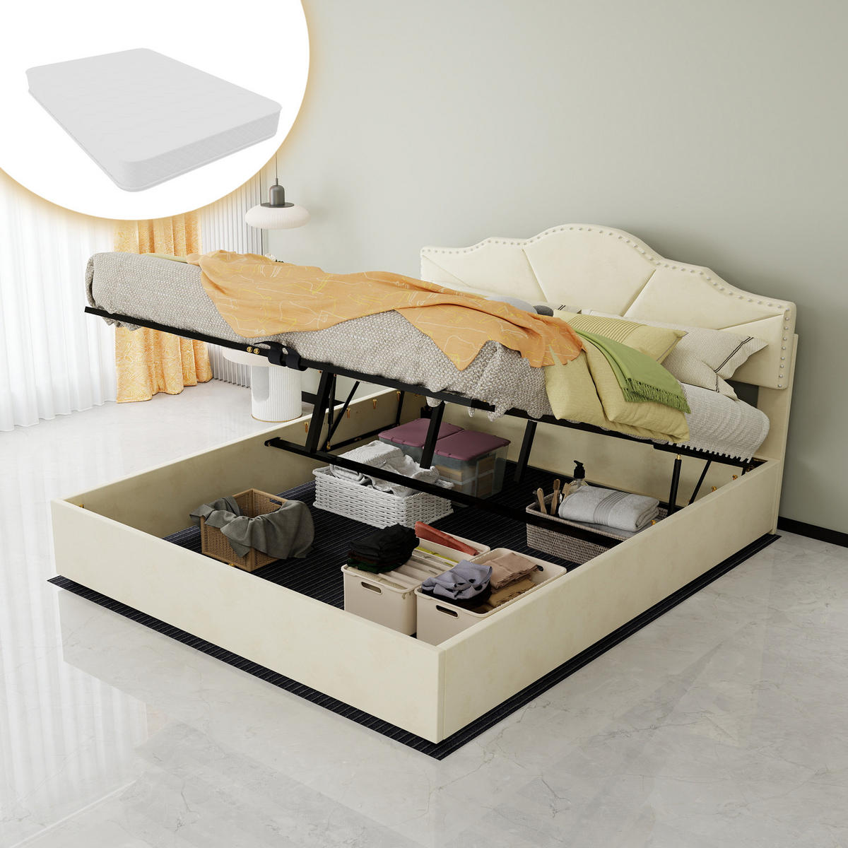 STAURAUMBETT 160/200 cm DE-32959 mit Pneumatik-Stauraum und Matratze Beige - Beige, Metall (160/200cm) - ComfortXL