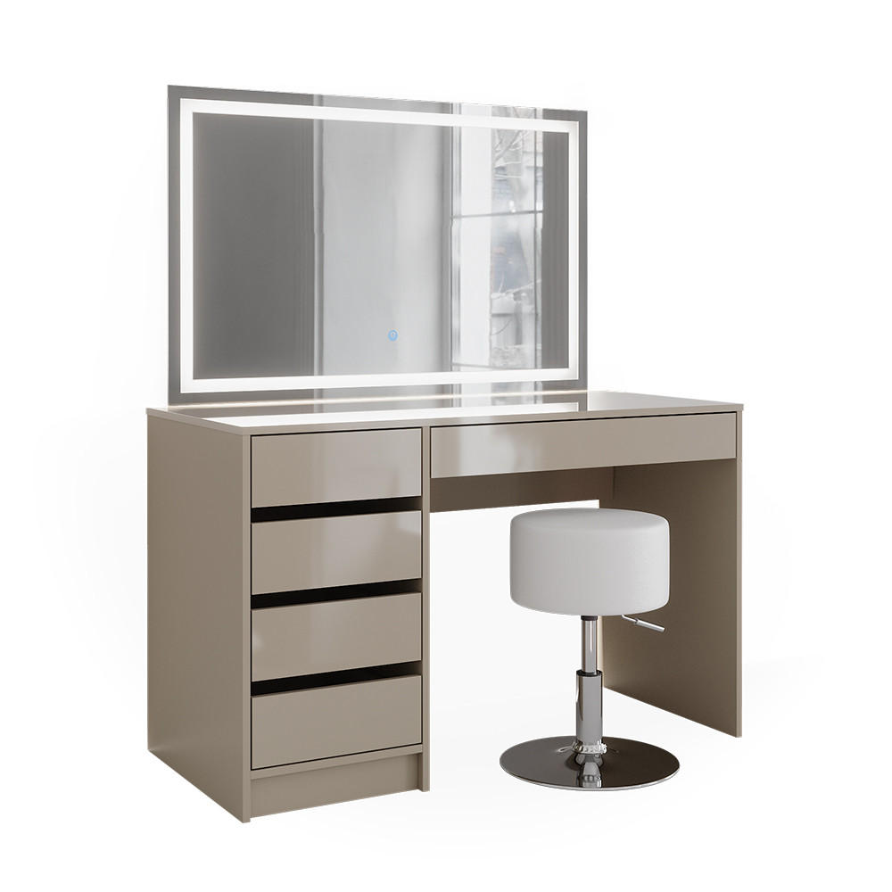 SCHMINKTISCH Sherry Greige 120 cm mit LED-Spiegel und Hocker - Greige, Holzwerkstoff (120/75/55cm) - Vicco