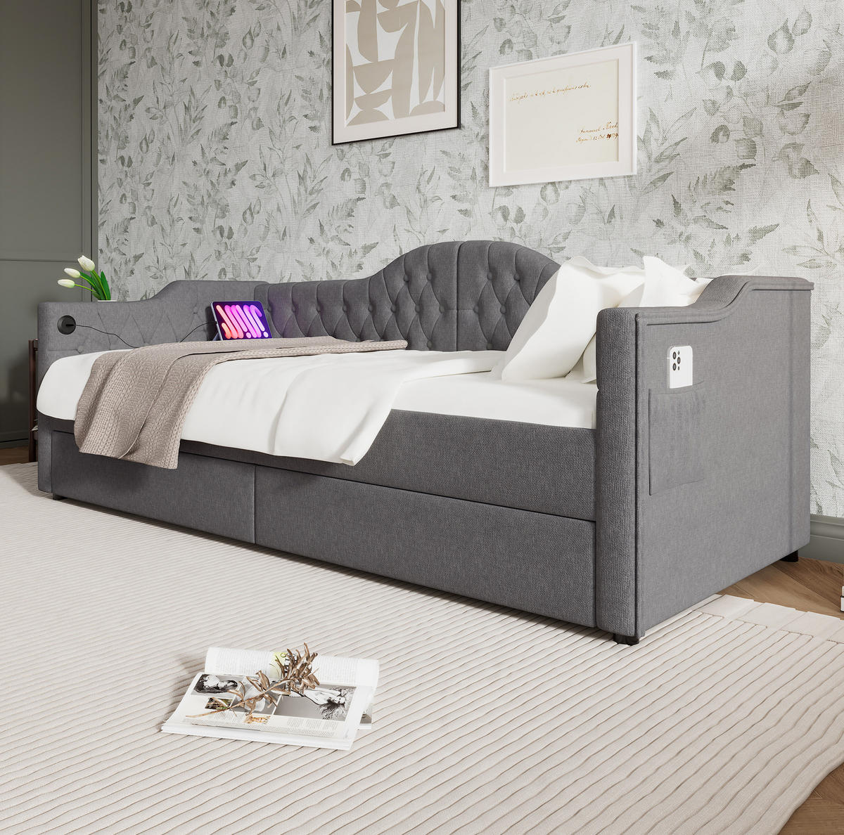 DNEVNA postelja iz lana 90x200 cm siva z USB in Type-C priključkom ter 2 predaloma - siva, tekstil (90/200cm) - Modfu