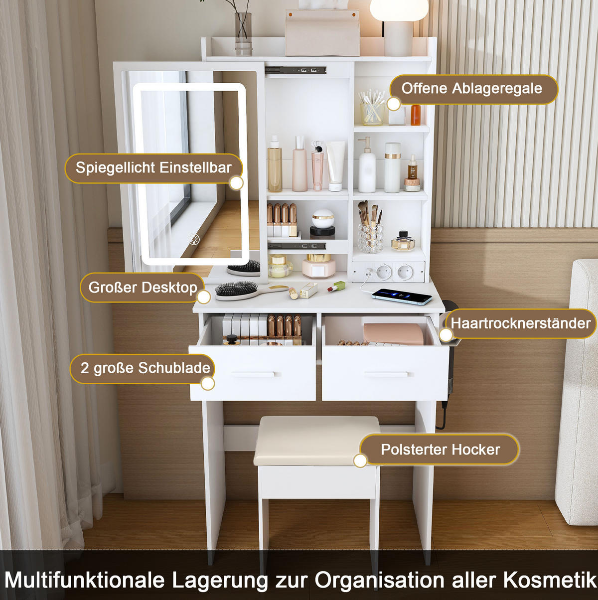 KOZMETIČNA miza, 60/136/36 cm, MDF bela, z LED-osvetlitvijo, USB-priključki in taburejem - bela, leseni material (36/136/60cm) - BEAOK