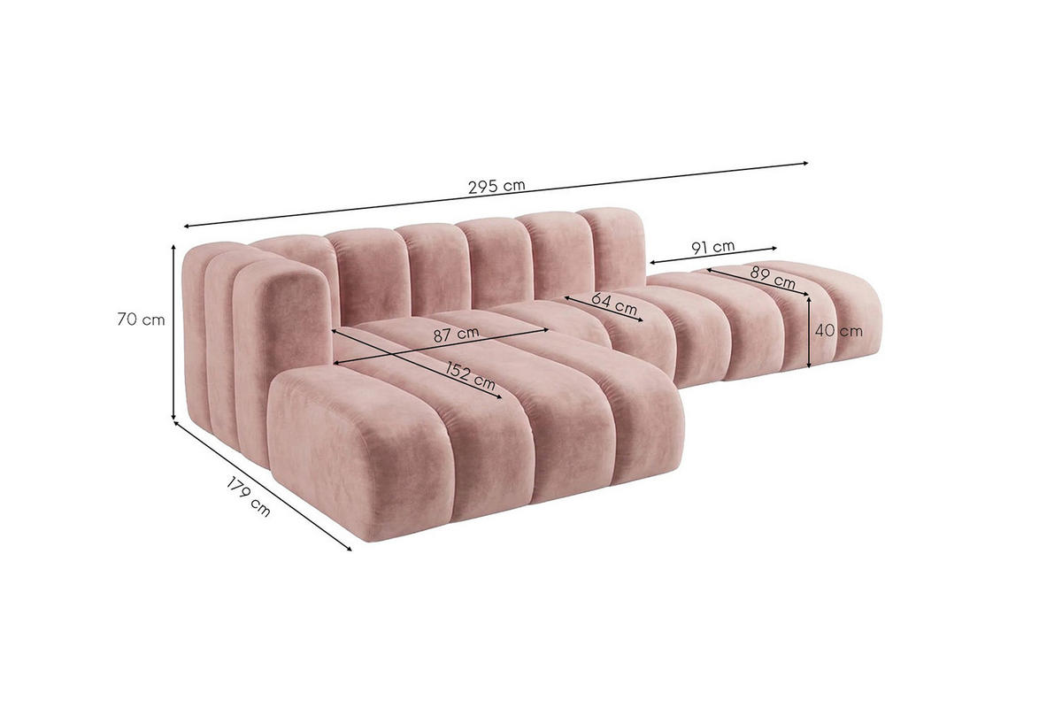 ECKSOFA Modulares In L-Form Mit Hocker, Velvet-Stoff Riviera, Hellrosa, Links, GRAND Mini - Hellrosa, Holz (295/179cm) - Kaiser Möbel