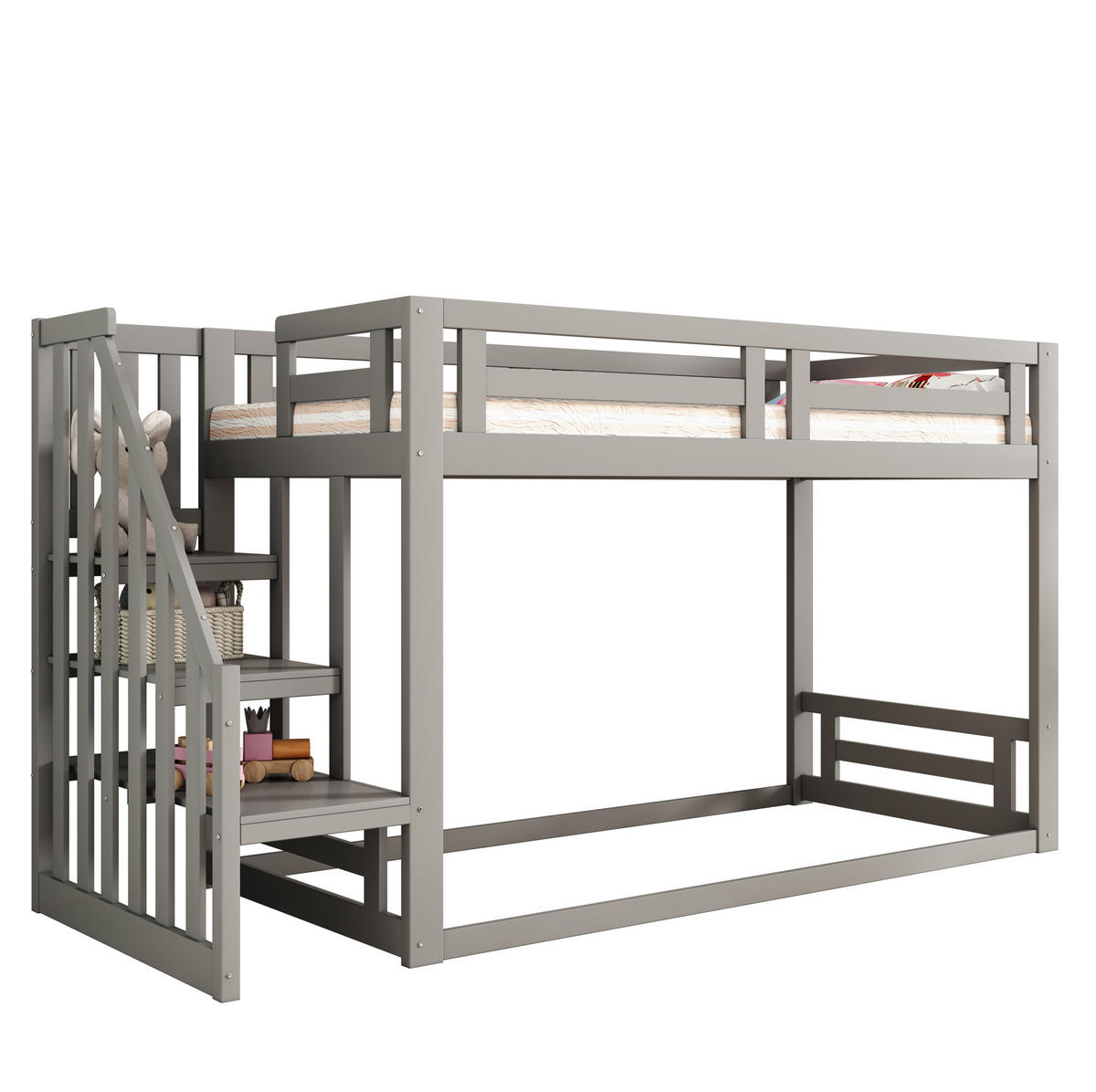 POSCHODOVÁ posteľ 90/200 cm sivá s úložným schodíkom z borovicového masívu a MDF - sivá, drevo (90/200cm) - OKWISH
