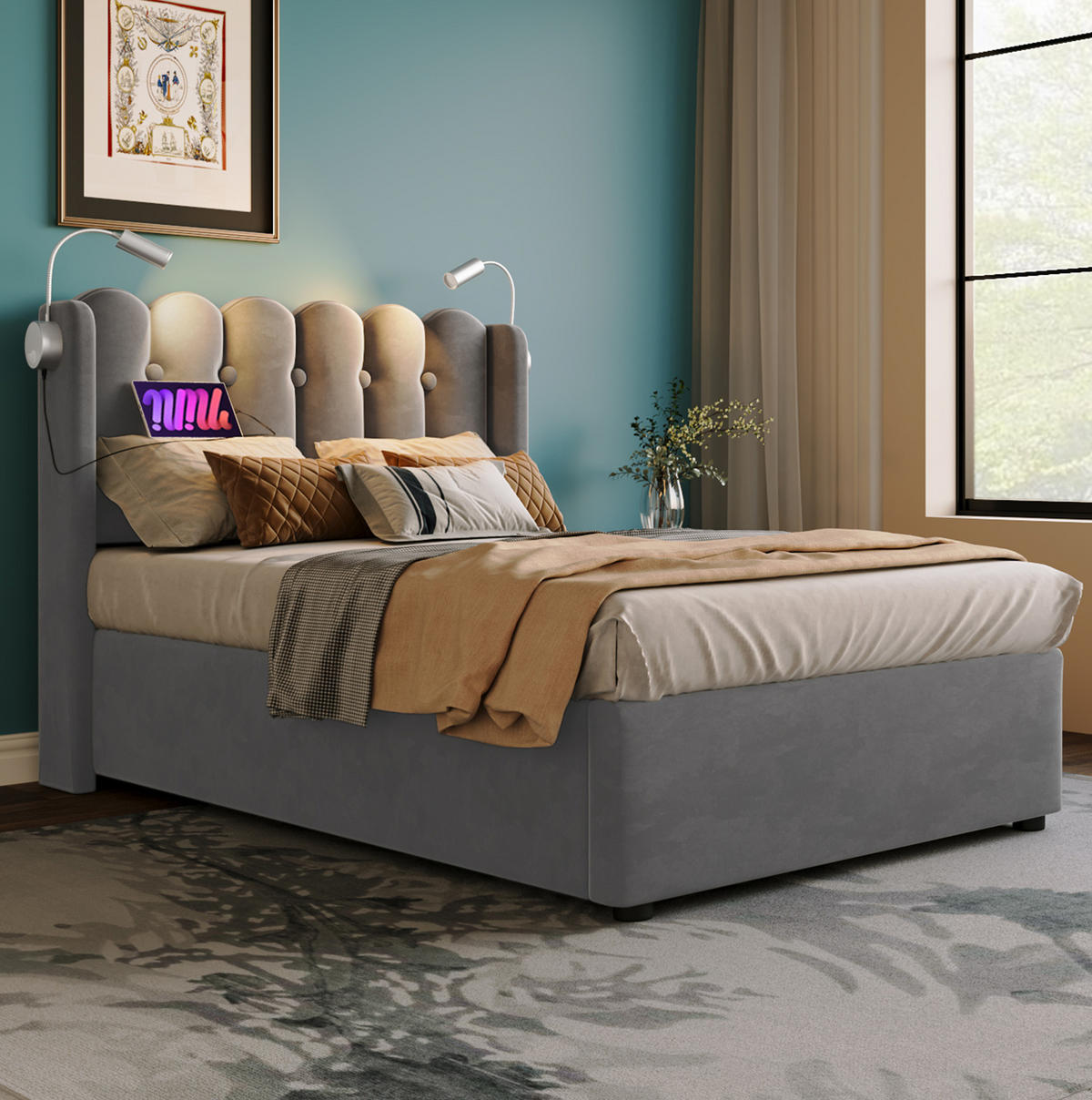 POLSTERBETT mit Bettkasten & USB 90x200 cm Samt Grau - Grau, Metall (90/200cm) - Meubliv
