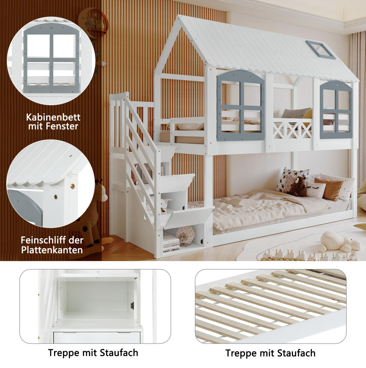 ETAGENBETT 90/200 cm in Weiß/Grau mit Stauraumtreppe, Dach und Fenster - Weiß, Holzwerkstoff (90/200cm) - OKMYHOME