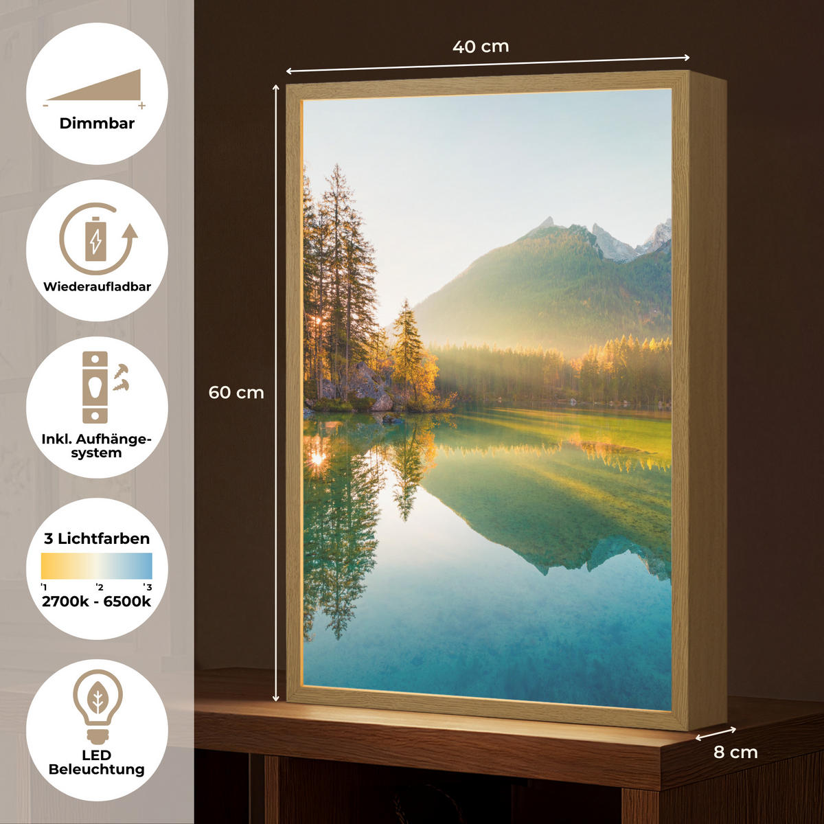 WANDLEUCHTE MIT AKKU See - Wald - Berge - Natur - Sonne - Landschaft 40x60 cm - Grün, Holzwerkstoff (40/60/8cm) - OnlyWow