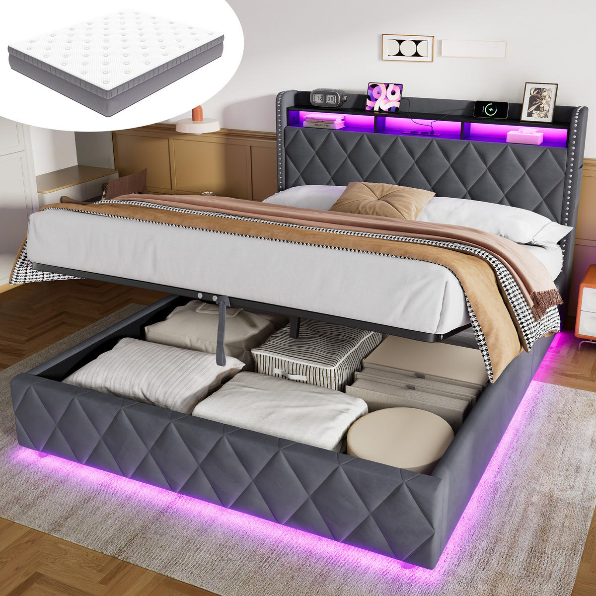 POLSTERBETT 160×200 mit LED-Beleuchtung, Bettkasten und Matratze - Grau, Holzwerkstoff/Textil (160/200cm) - EVRYAE