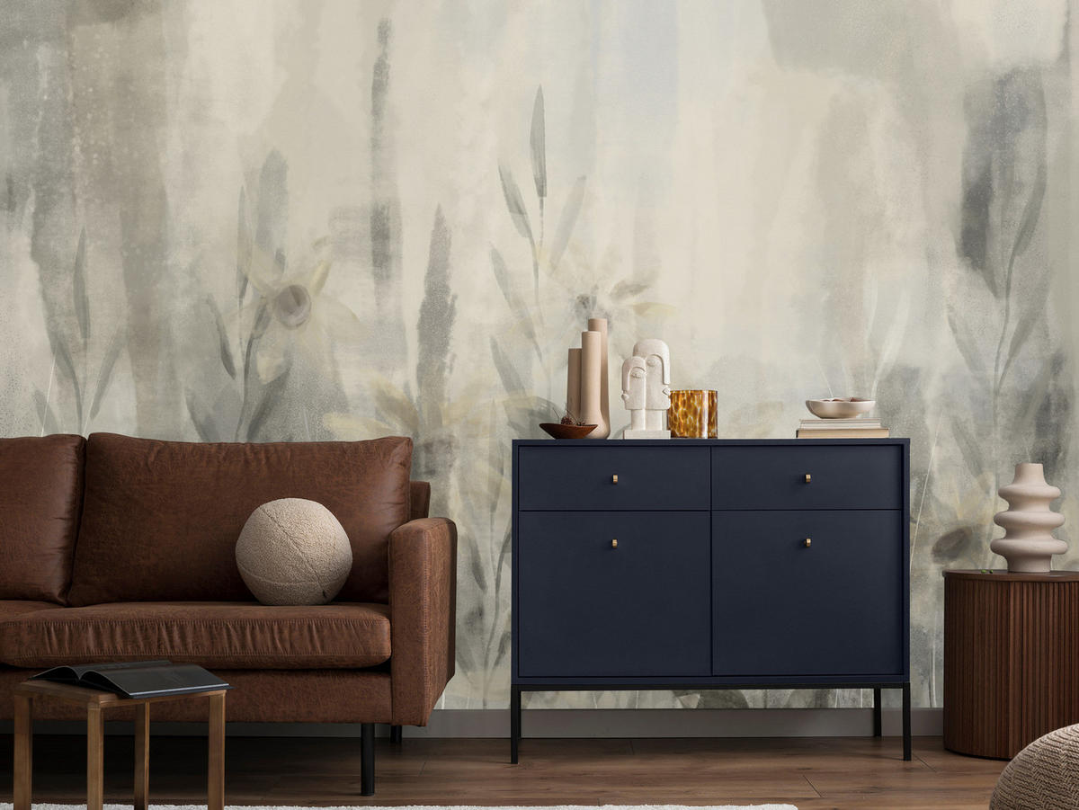 FOTOTAPETE Aquarell Blumen Blätter Abstraktion Vintage 250x175 - Beige/Grau, Papier (250/175cm) - Muralo