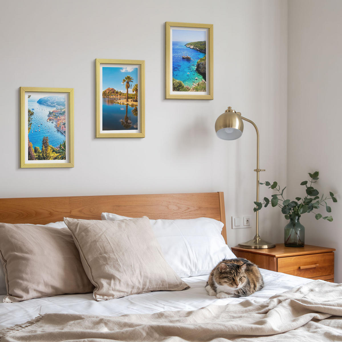 BILDER SET 3er Set - 20x30 cm Goldrahmen - Palmen am Meer, blaues Wasser - Goldfarben, Kunststoff (20/30cm) - TULUP