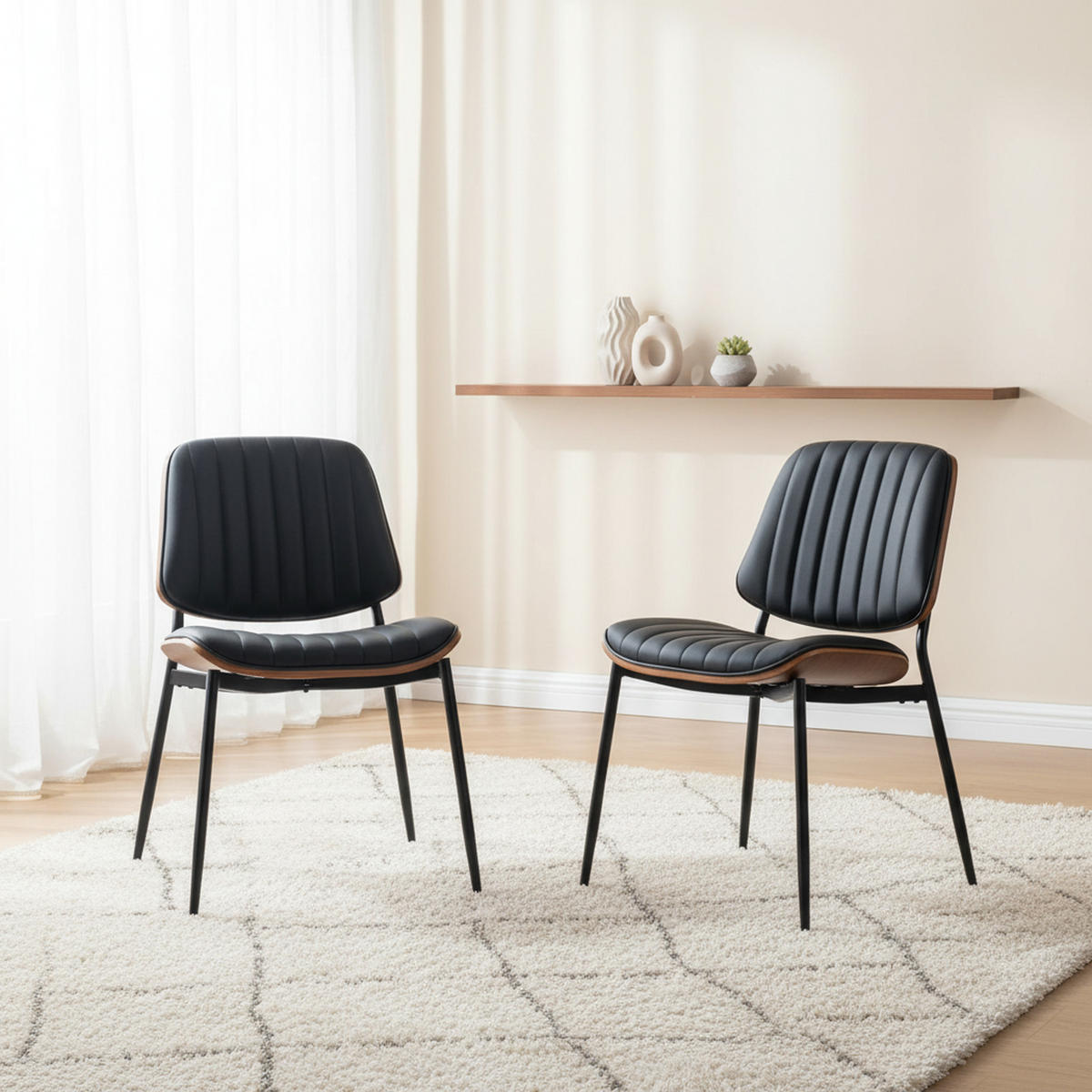 ESSZIMMERSTÜHLE 2er-Set Mid-Century Modern - Schwarz, Leder (57/83/48cm) - Urban Meuble