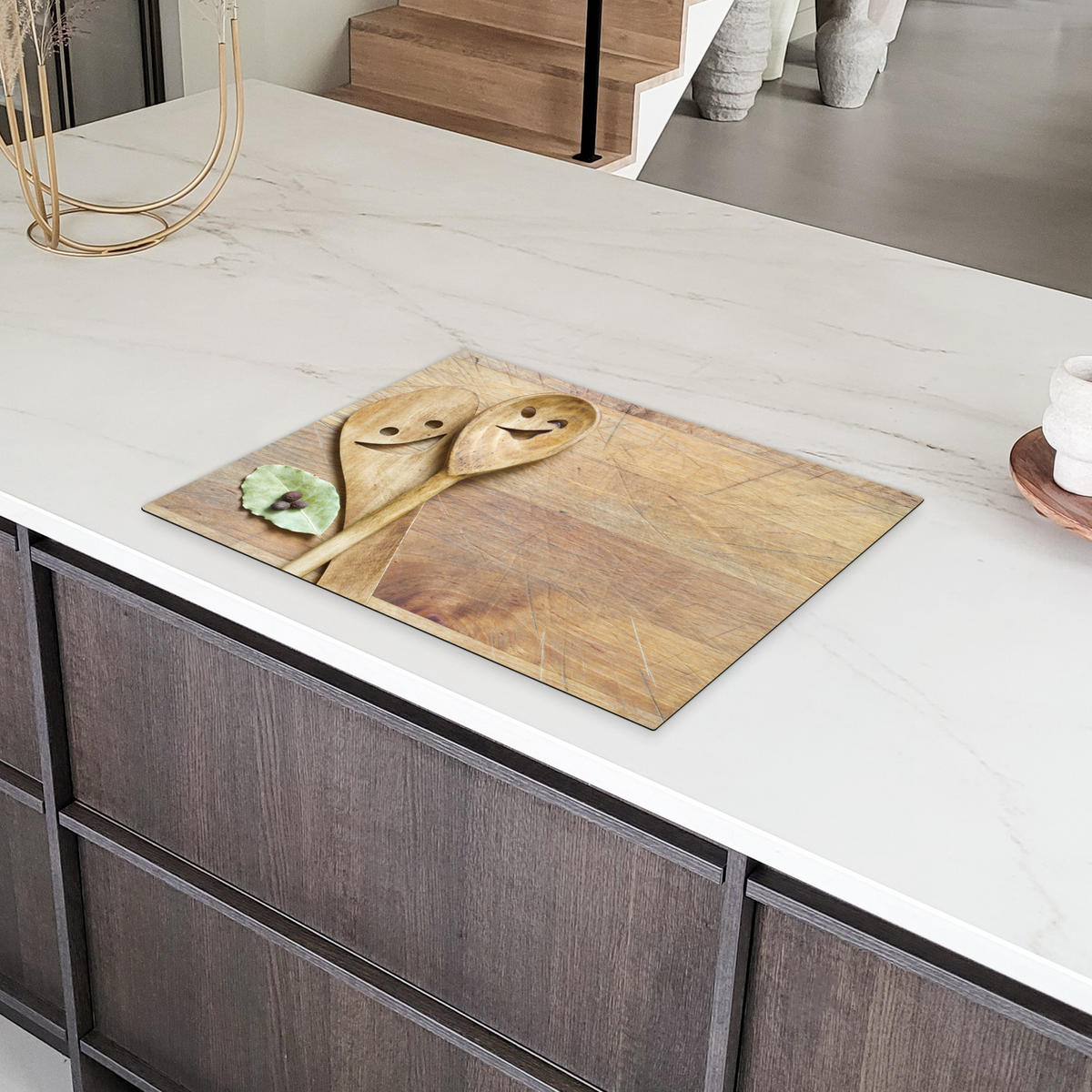 HERDABDECKPLATTE Holz - Löffel - Braun - Smiley 70x52 cm - Hellbraun, Kunststoff (70/52/0.2cm) - MuchoWow