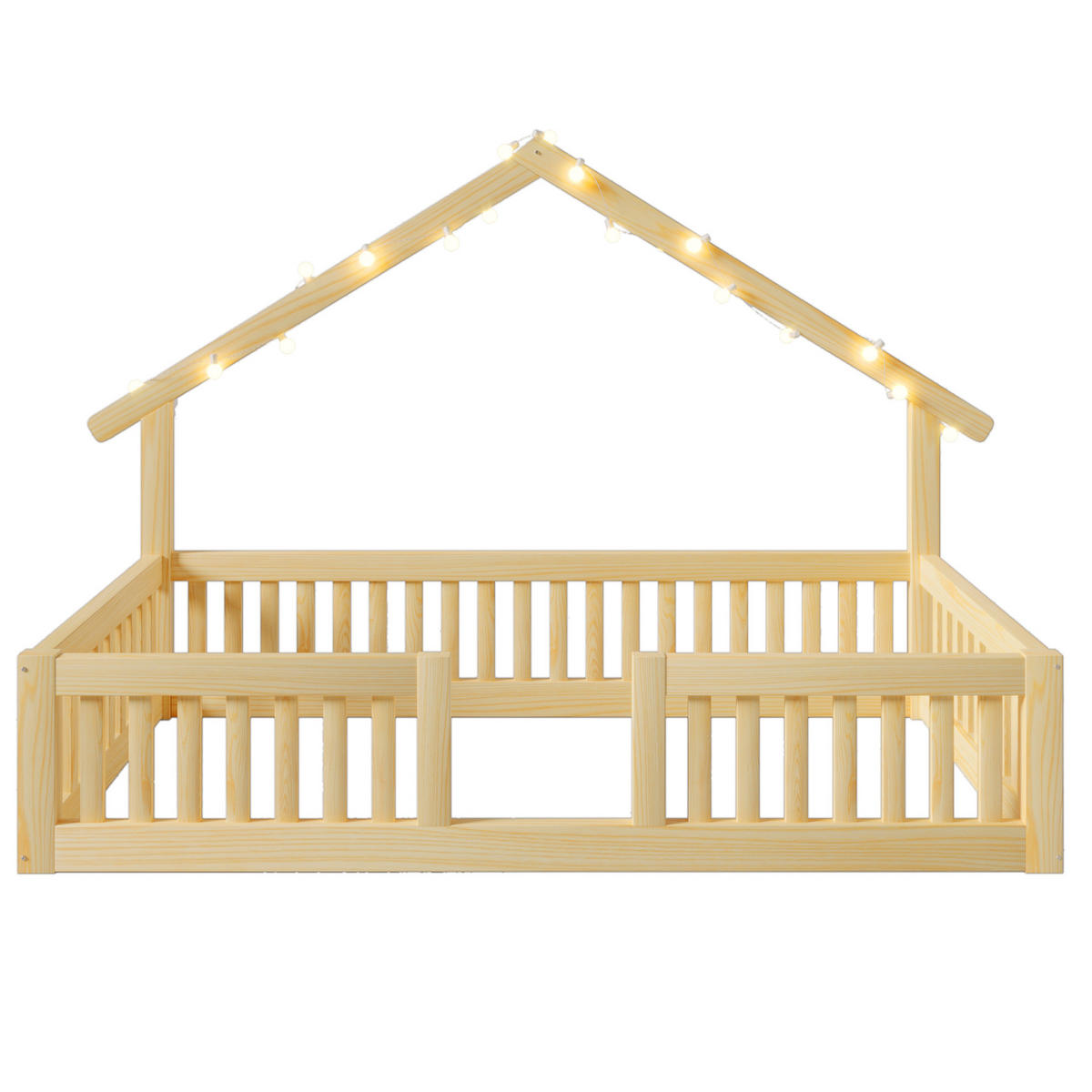 HAUSBETT 90x200 cm in Natur mit Rausfallschutz und LED-Lichterkette - Naturfarben, Holz (90/200cm) - IVMEU