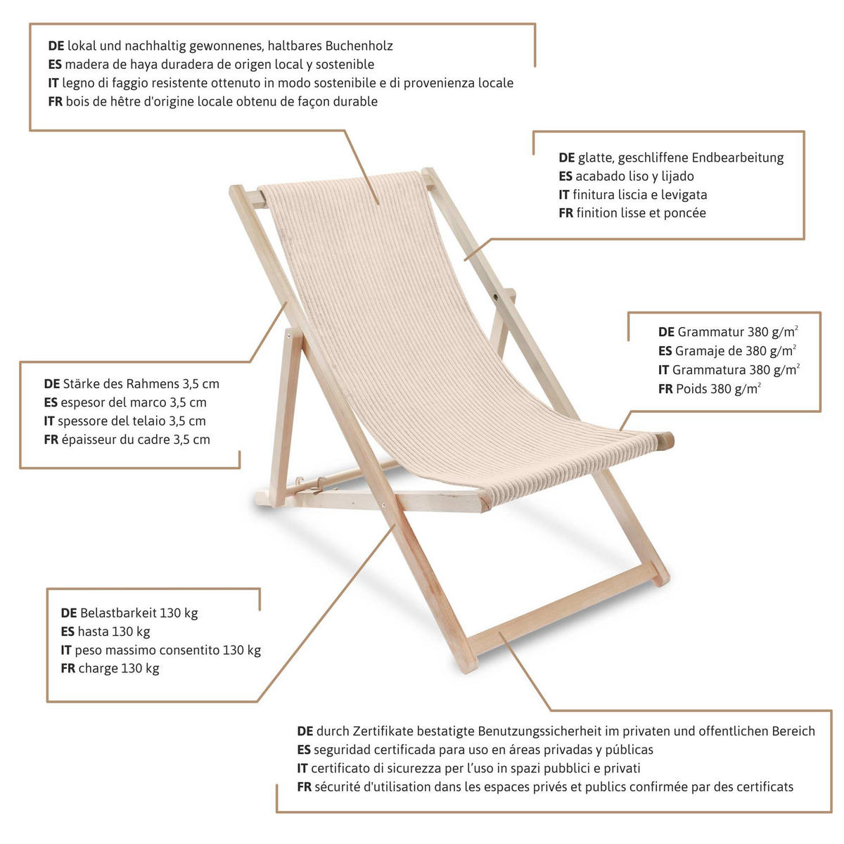 HOLZLIEGESTUHL klappbar Buchenholz Cord-Gewebe Vanilla Ice M - Beige, Holz/Textil (54/85/92cm) - Dreamroots