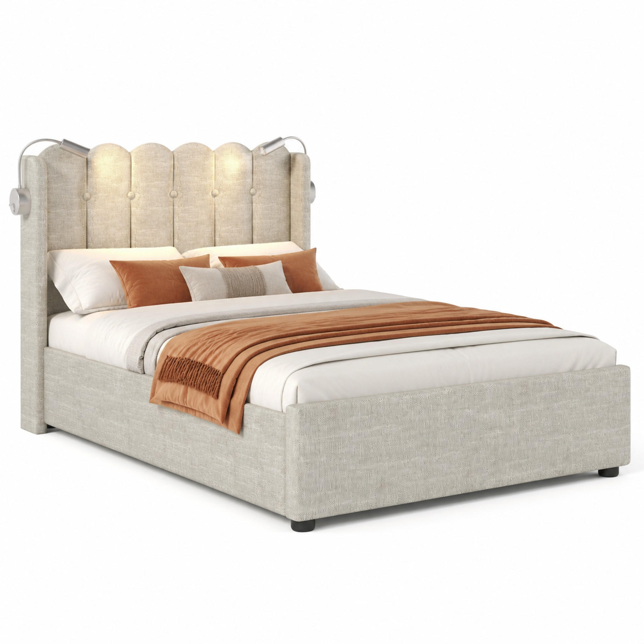 POLSTERBETT mit Bettkasten, Leselicht und USB 90x200 cm Beige - Beige, Metall (90/200cm) - Meubliv