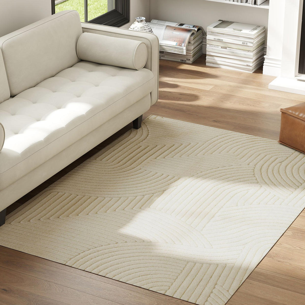 TEPPICH Anti-Rutsch Geometrisch Hochflor Wohnzimmerteppich mit Modern-Design - Creme, Textil (140/200cm) - HOMCOM