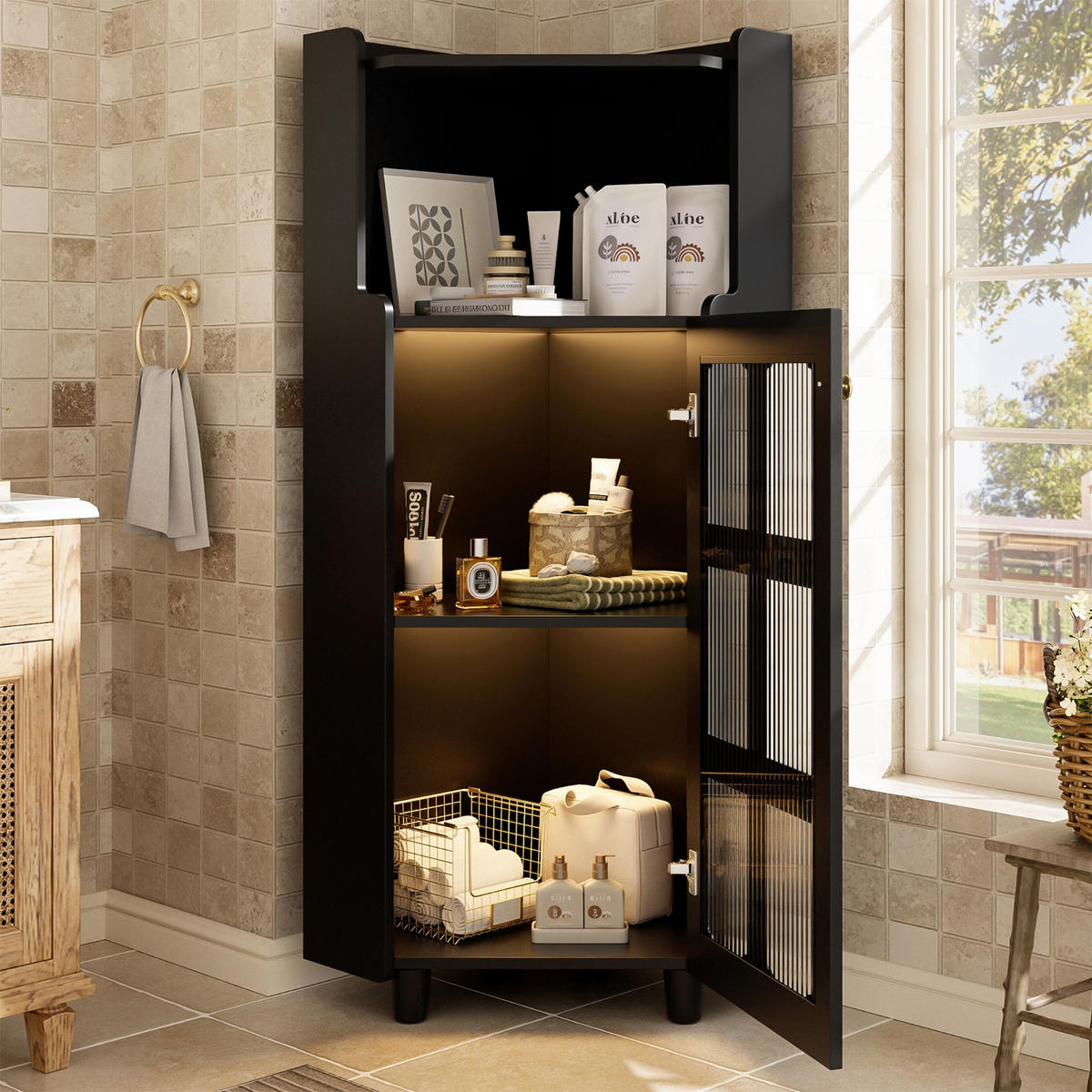 KÜCHENSCHRANK MIT LED 63,5/124/63,5 cm, MDF, Schwarz, APP-GESTEUERTE BELEUCHTUNG, platzsparende Eckkommode für Badezimmer - Schwarz, Holzwerkstoff (63.5/124/63.5cm) - Rolipo