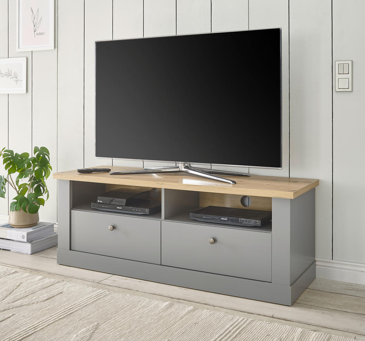 TV-LOWBOARD C14 Light Gray & Artisan Eiche 132/48/44 cm Landhaus - Grau, Holzwerkstoff (132/48/44cm) - Livojo