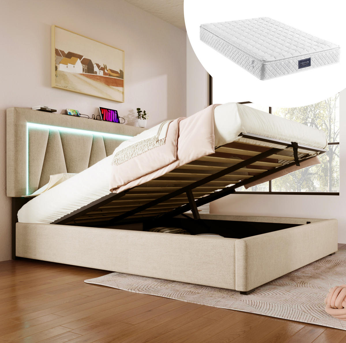 ČALÚNENÁ posteľ 140/200 cm z ľanového materiálu s LED osvetlením, USB a USB-C nabíjaním, úložným priestorom a nastaviteľným čelom, Béžová - béžová, textil (140/200cm) - Redom