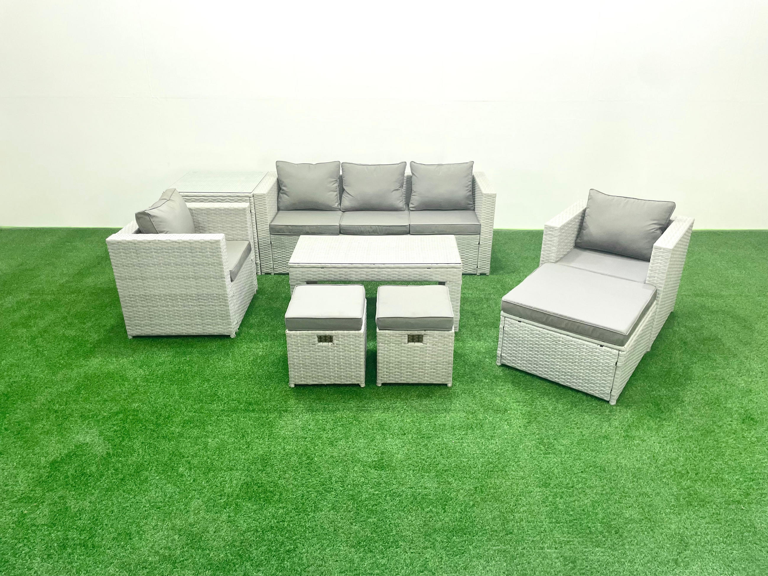 GARTENSET mit 3-SITZER SOFA,COUCHTISCH Polyrattan Hellgrau-Mix 8-Sitzer - Hellgrau/Grau, Glas/Kunststoff - Fimous