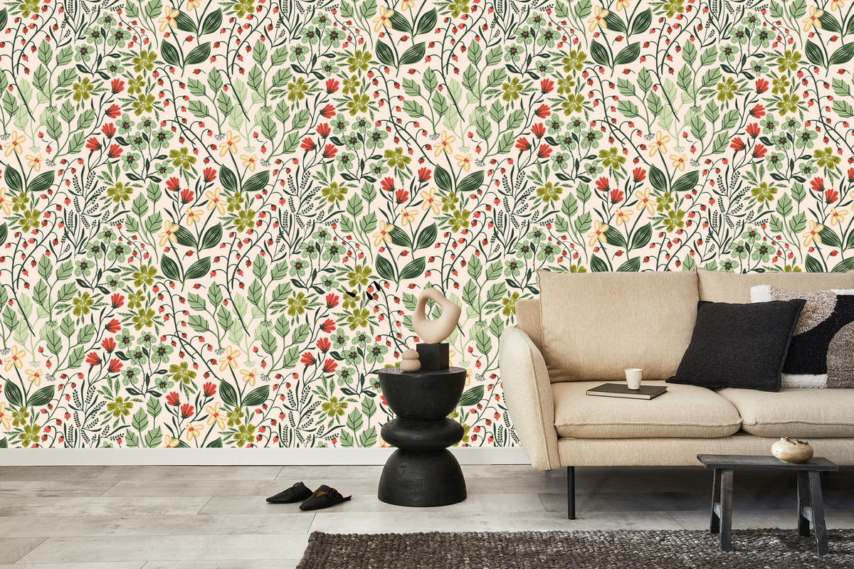 VLIESTAPETE Wildblumen, Blätter und Früchte – Grün, Rosa, Creme – 50x1000 cm - Creme/Rosa, Papier (50/1000cm) - Muralo