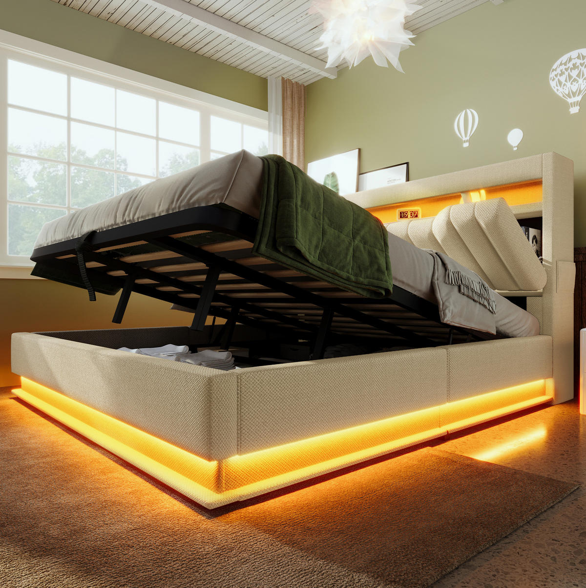 BETT mit Stauraum und LED 160x200 cm Leinen Beige - Beige, Metall (160/200cm) - Meubliv
