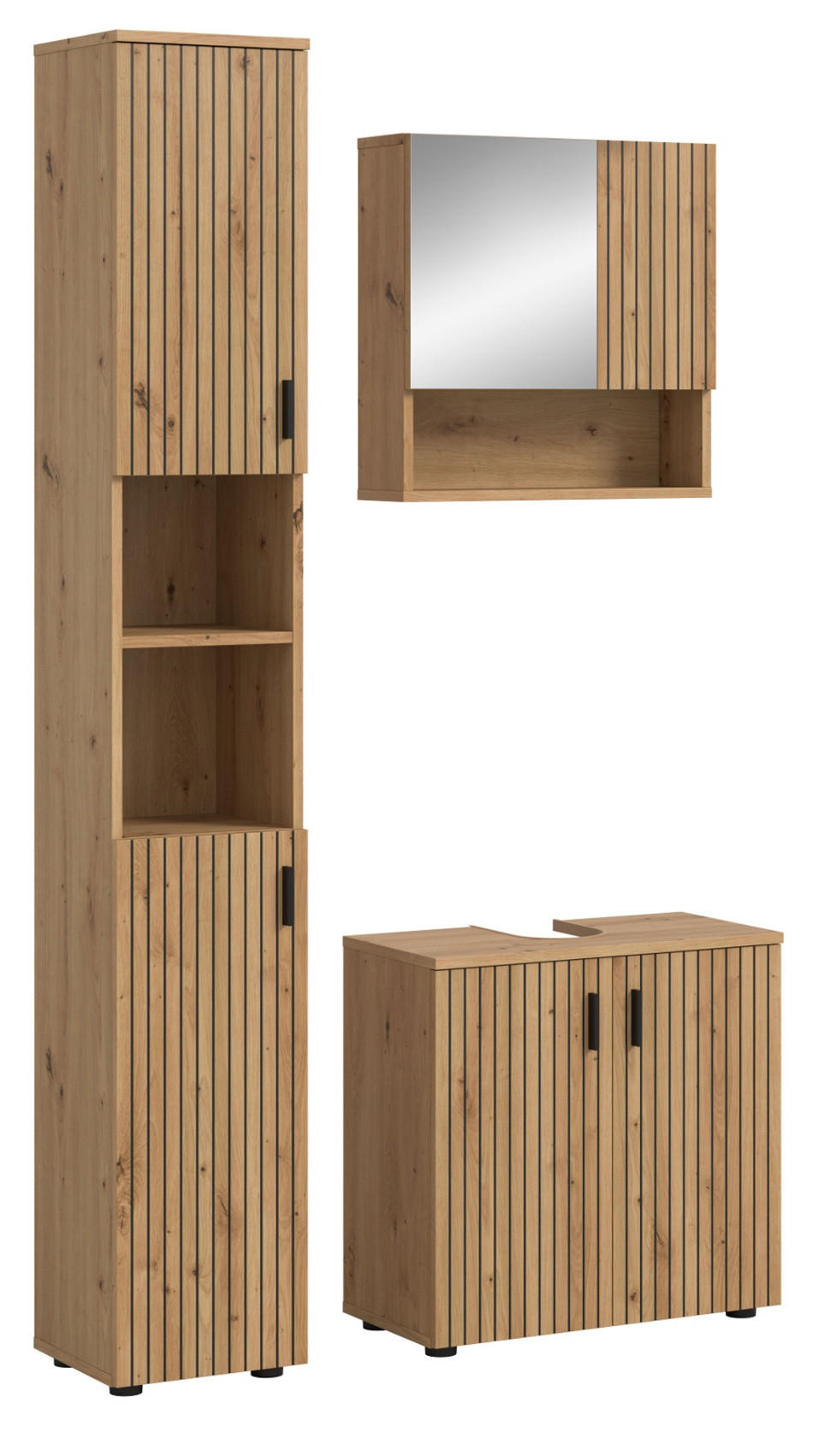 BADMÖBEL-SET Eiche Artisan 3-teilig 105 cm, Badkombination mit Rillen-Optik - Schwarz/Eiche Artisan, Glas/Holzwerkstoff (105/192/30cm) - Inn.Furn