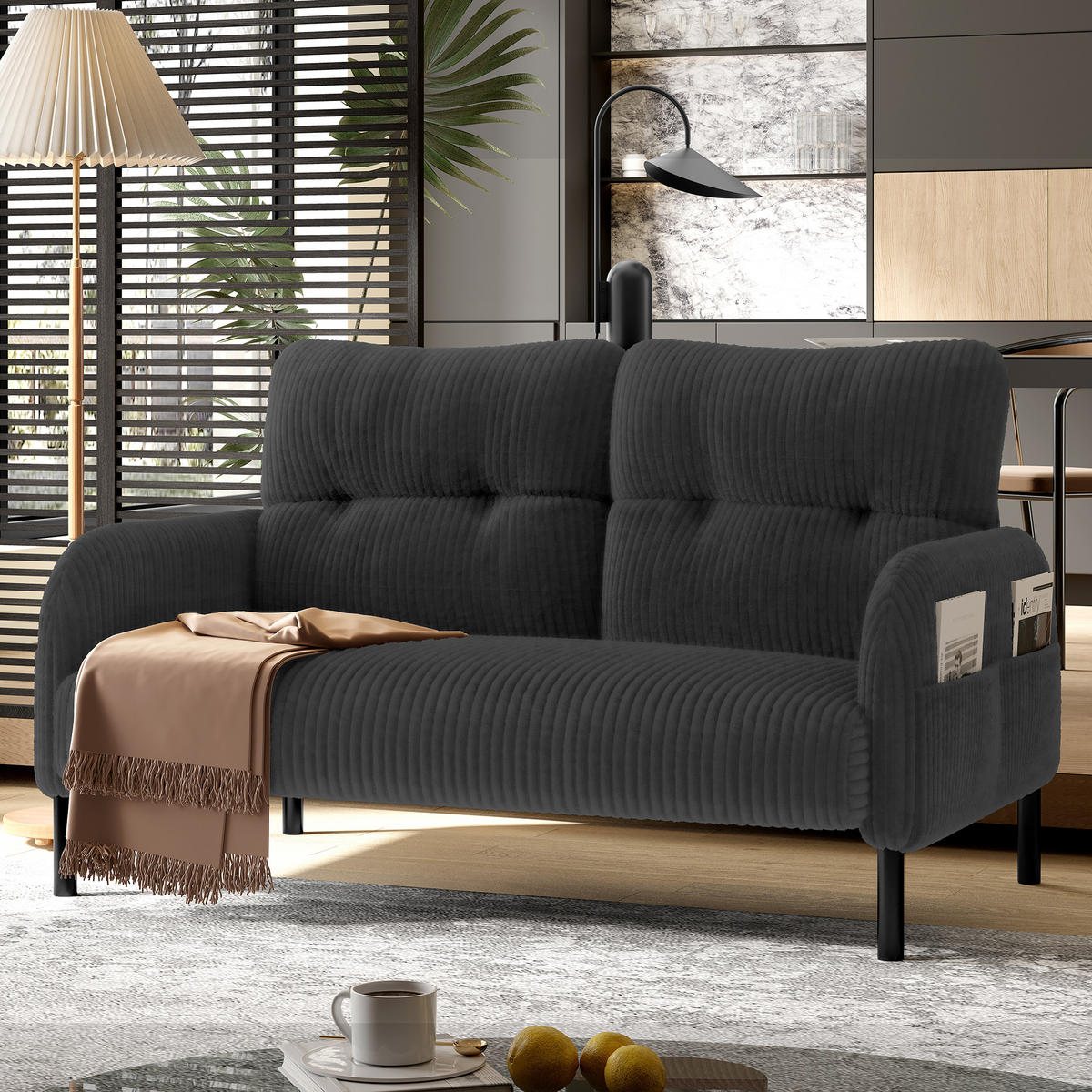 2-SITZER SOFA Cord Grau mit Seitentasche - Grau, Textil/Metall (120/79/75cm) - WISHDOR