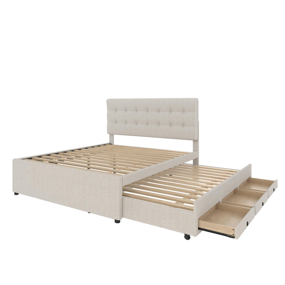 POLSTERBETT 140x200cm Beige Doppelbett 3 Schubladen Ausziehbett Kopfteil - Beige, Holz (140/200cm) - FLIEKS