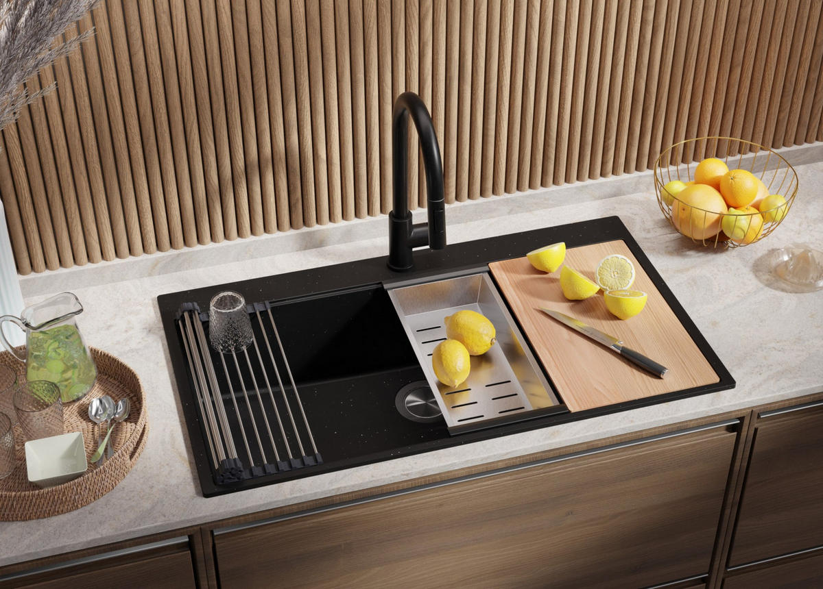 SPÜLBECKEN Oslo, 3-er set Schwarz Metallic 88/50 cm, 1 Becken + Ablauf-Set + Schneidebrett ab 90er Unterschrank - Chromfarben/Schwarz Hochglanz, Kunststoff (88/20/50cm) - Primagran